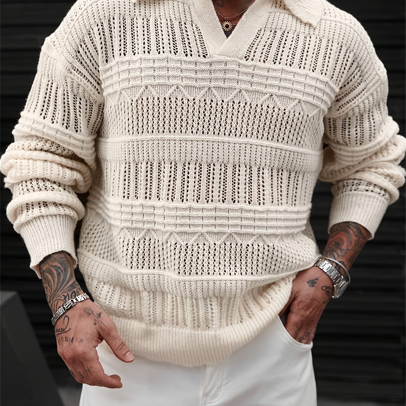 Men's Fall Winter Casual Knit Sweater With Collar & Semi- Lattice Back Panel - Solid Color Long Sleeve Pullover Sweater For Office, School, Commuting - Versatile Layering Piece For (hand Wash/) - Male