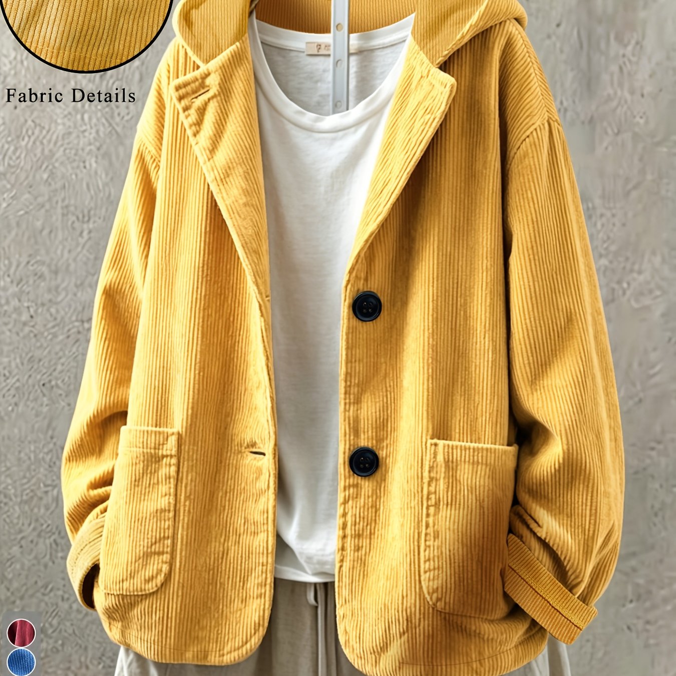 TEMU Plus Size Women's Loose Retro Textured Corduroy Hooded Jacket, Solid Long Sleeve Lapel Button Coat With Large Side Pockets, Soft Vintage Casual