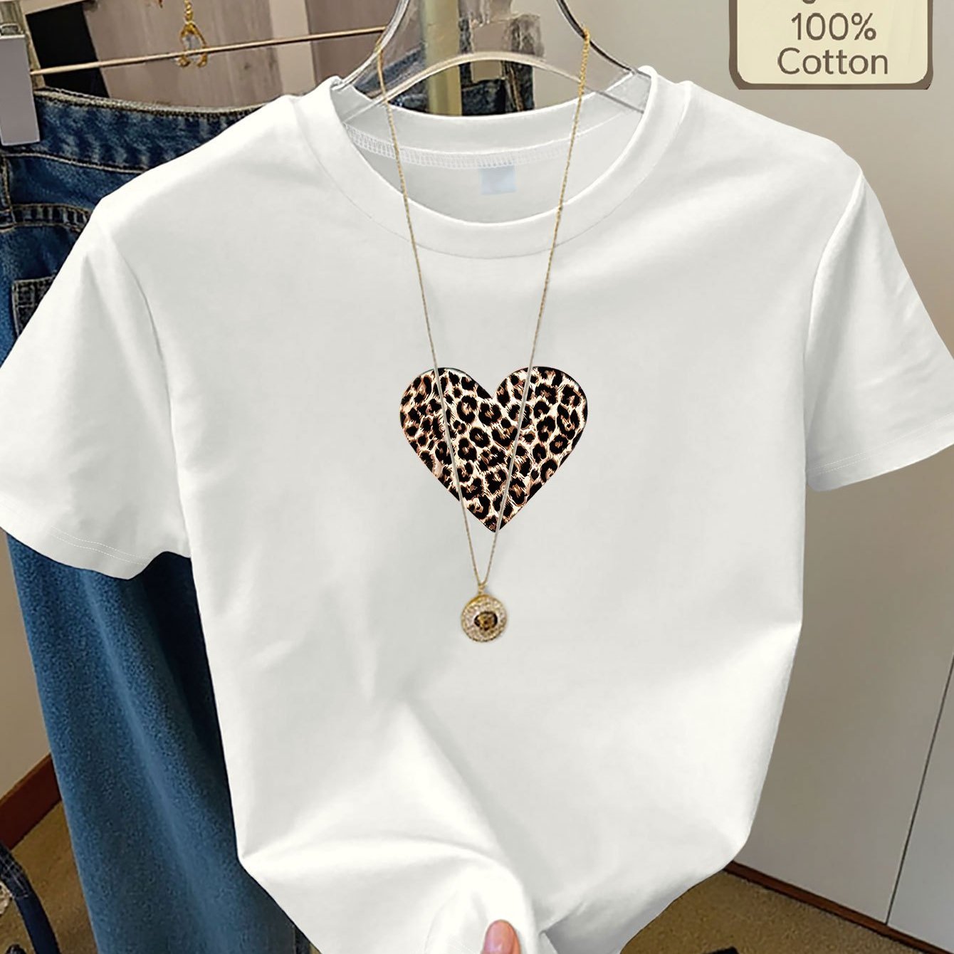 Image of Leopard Print Heart Pattern Standard Size Women's Wear Printed Round Neck Pure Short Sleeve