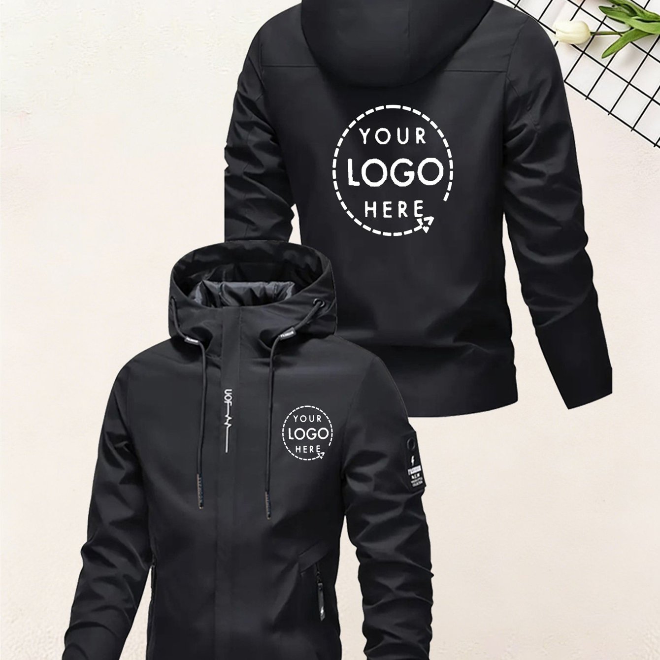 TEMU Logo Printed Jacket, Men's Casual Hooded Windbreaker, , Fitted Soft Shell Zipper Top