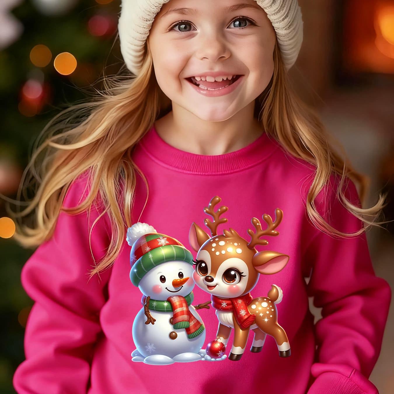 TEMU Christmas Girls' Autumn And Winter Stylish Fleece Round Neck Sweatshirt Featuring Prints Of Snowchildren And Reindeer, Loose-fitting Casual Long