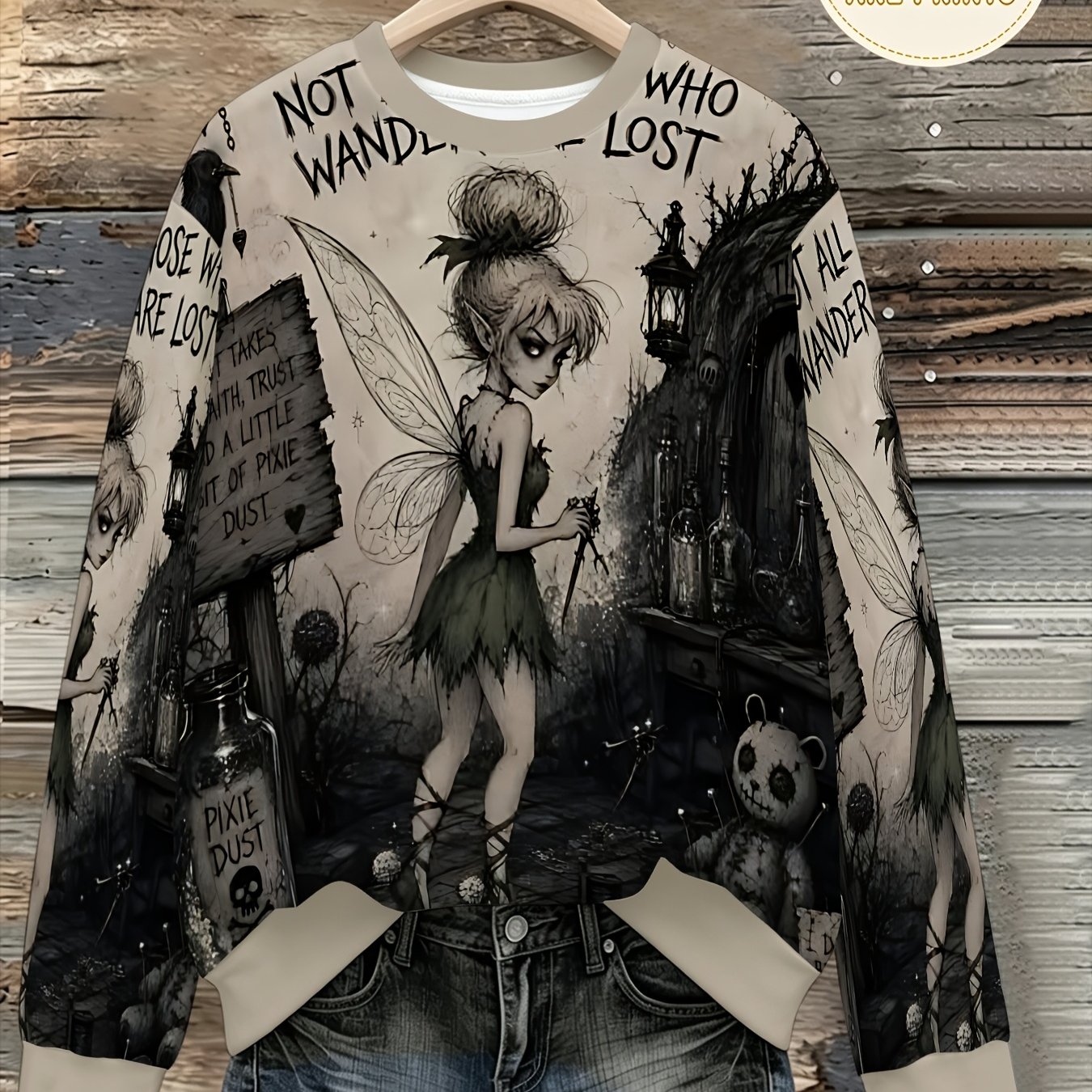 TEMU Sweat-shirt à manches longues décontracté pour femmes, Impression de vintage de sorcière elfe noire dessinée à , Ambiance, Coupe , Pull à col