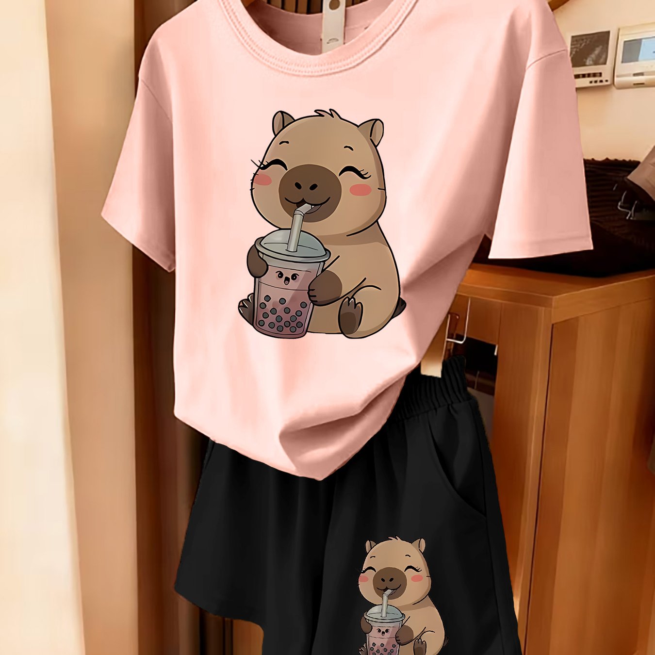 TEMU 2pcs Women's Spring Summer Short Sleeve & Shorts Matching Outfit - Capybara Print Pajamas Gym Wear Sleepwear, Soft Breathable Pajamas,