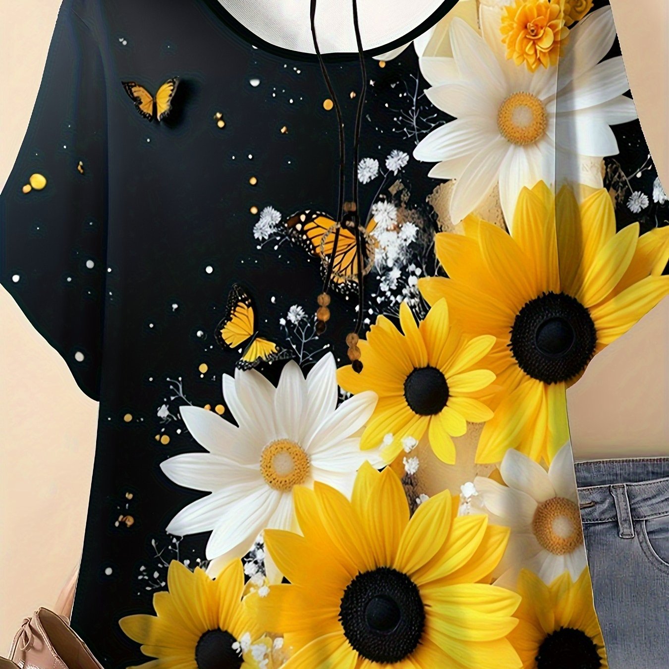 TEMU Plus Size, Plus Size Women's Full-print Sunflower T-shirt- Black And Yellow Contrast Round Neck Top, Breathable And Machine Washable Fabric,