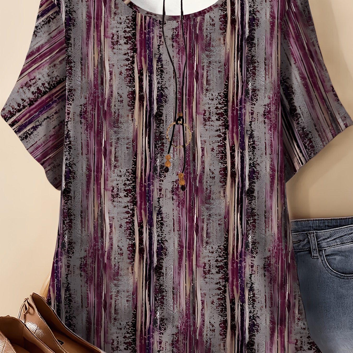 Plus Size - Plus Sizes Printed Loose Short-sleeve Top Women's Round Neck Casual T-shirt Abstract Pattern Comfortable Pullover