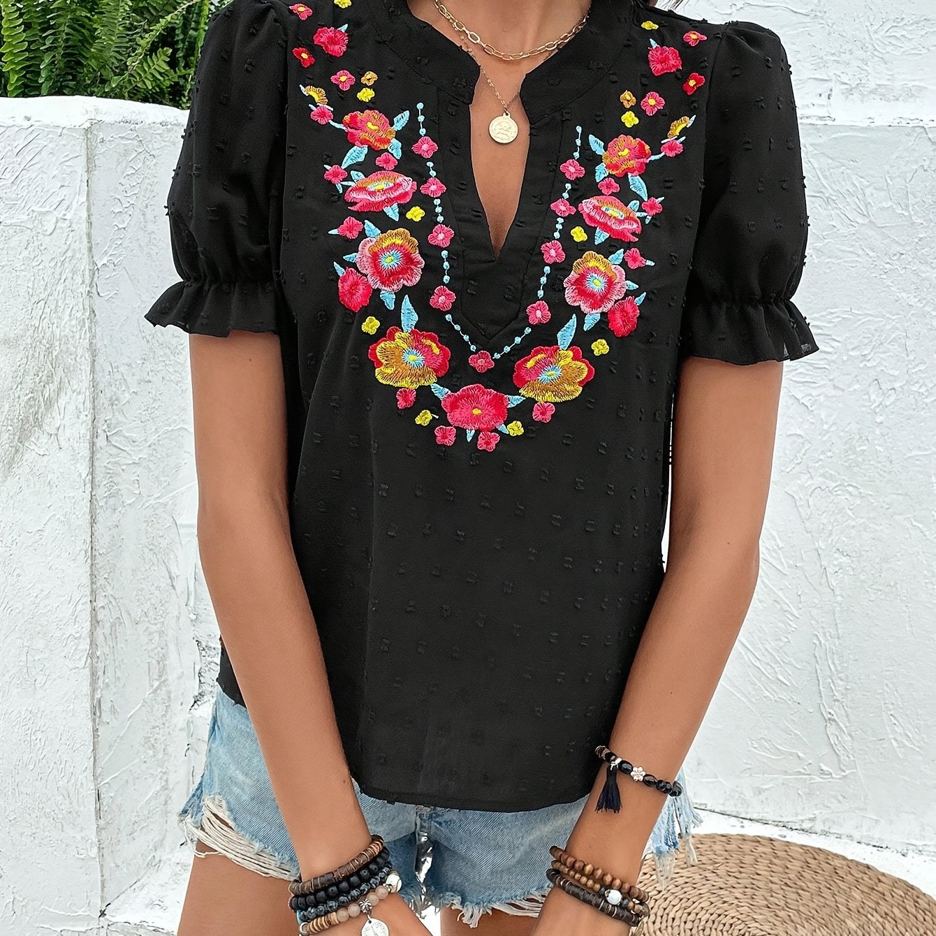 Shirt With Floral Embroidery, Corner Neckline, And Puff Sleeves