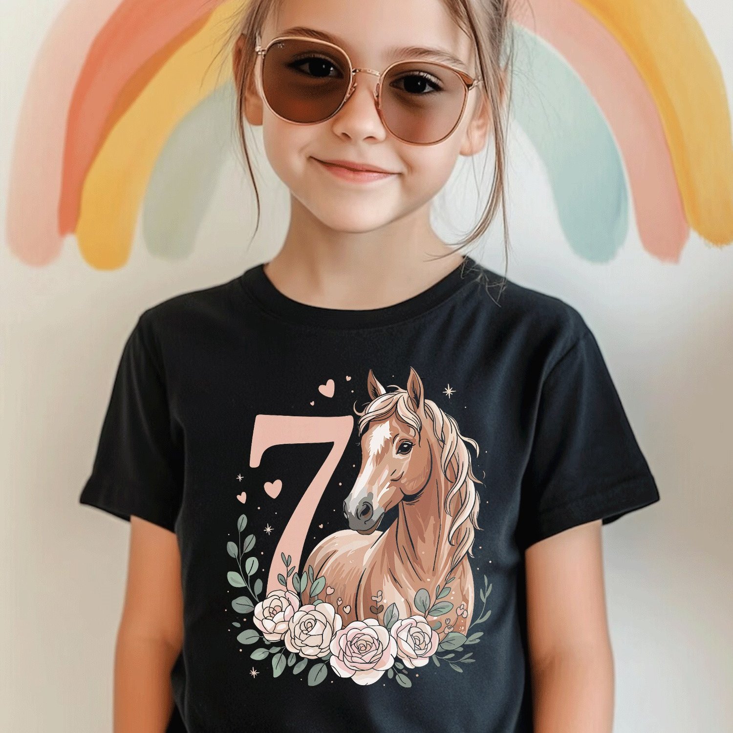 Image of 7th Birthday Horse Girl 7 Years Horses Decoration Riding Pony T-shirt Comfortable Casual Crew Neck Tee For Boys And Girls T Shirt, 200g