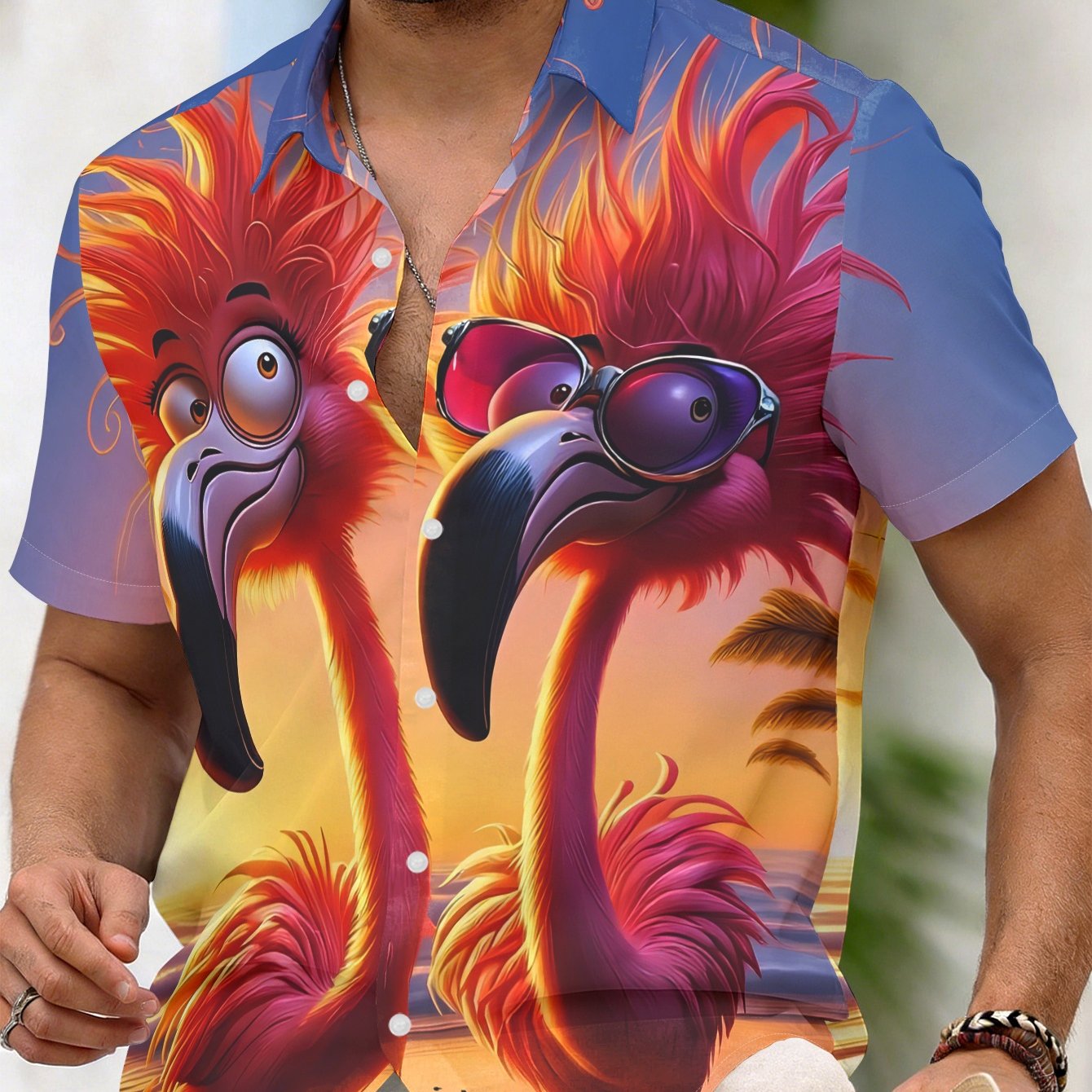 TEMU Men's Short-sleeve Shirt With A Fun Flamingo Print For Summer, Perfect For Casual Vacations And Beach In A Hawaiian Style
