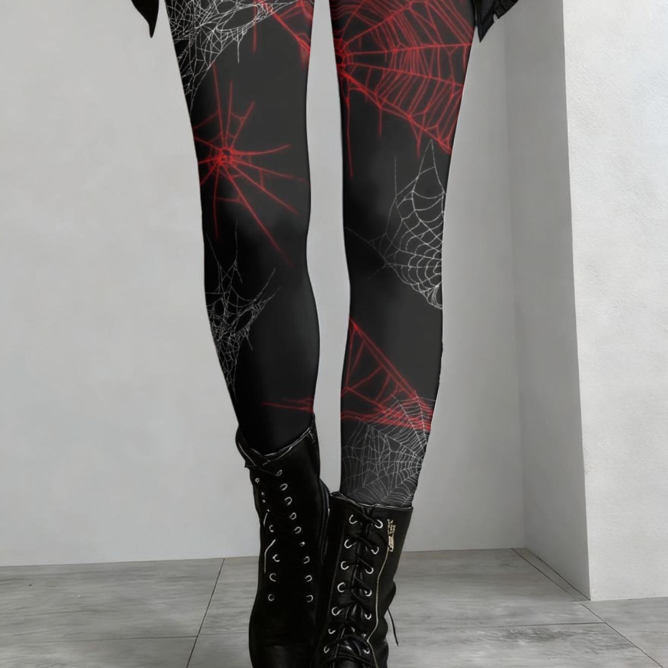 Image of Women's High-waist Black Spider Web And Skeleton Hands Print Leggings - Glowing Red/white Gothic Tights, Soft Stretchy For Halloween Costumes, And Machine Washable