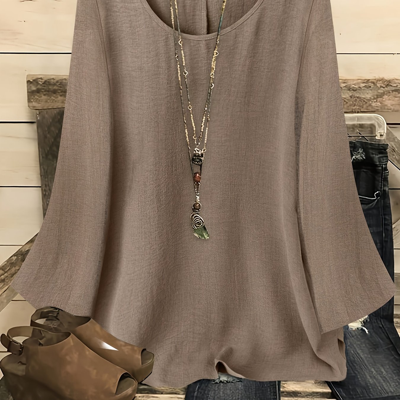 E-shop Damen Freizeit Western Stil Einfarbig Rundhals Langarm Schlagärmel Hemd