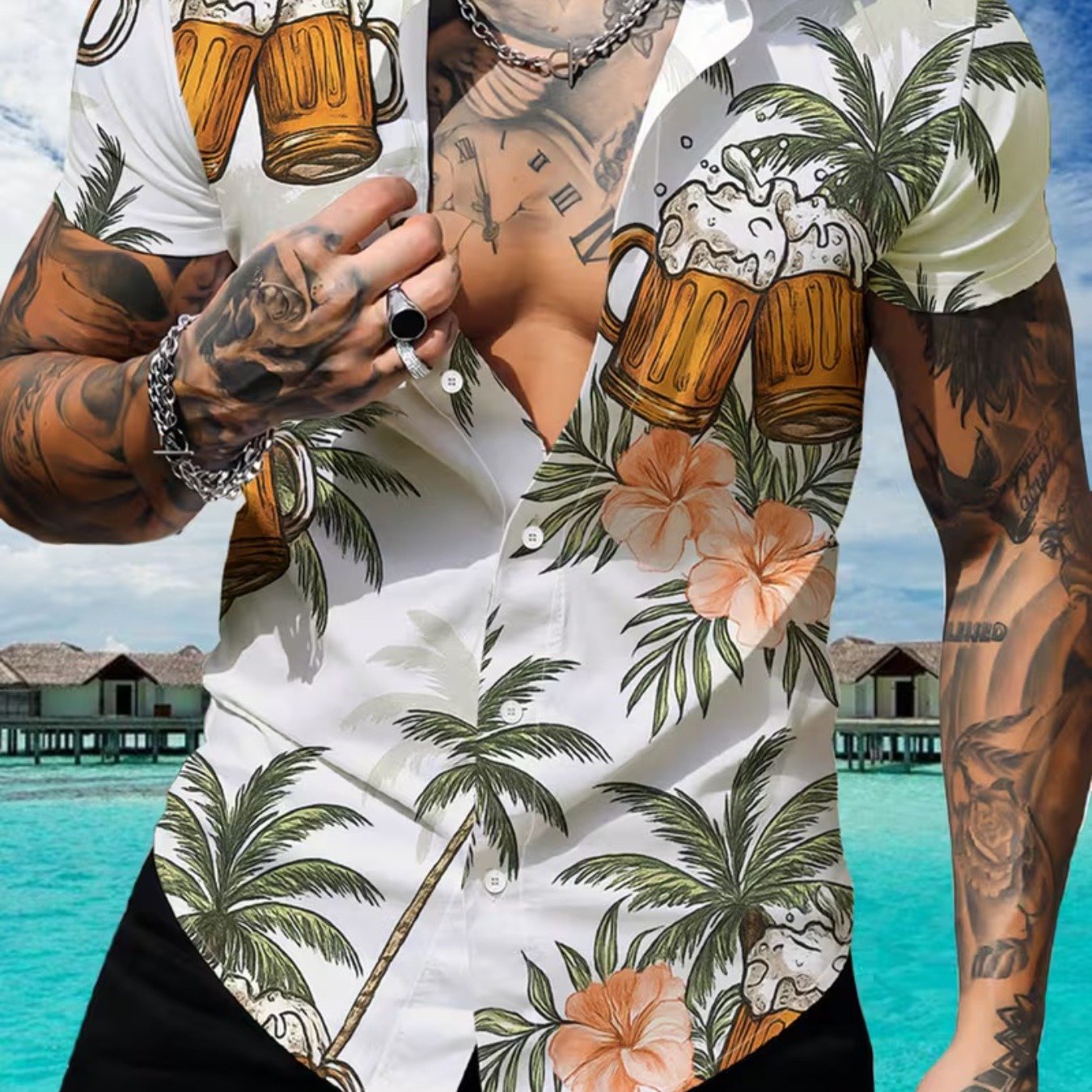 TEMU New Summer Men's Shirt Featuring A Unique Abstract Coconut Tree Print, Button-up Front, Perfect For Festive And Versatile Wear