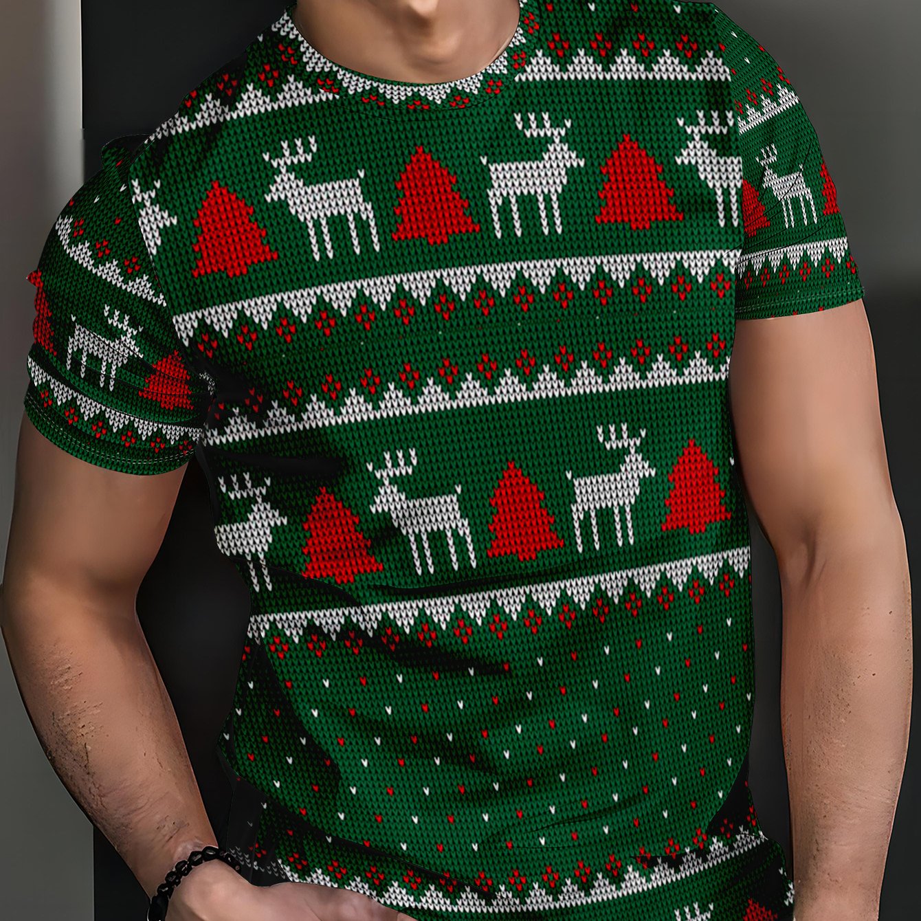 TEMU Christmas Reindeer - Men's Casual [printed Design – Not Textured] T-shirt - Polyester Fiber, Breathable, Crew Neck, Short Sleeve, Street Hip-hop