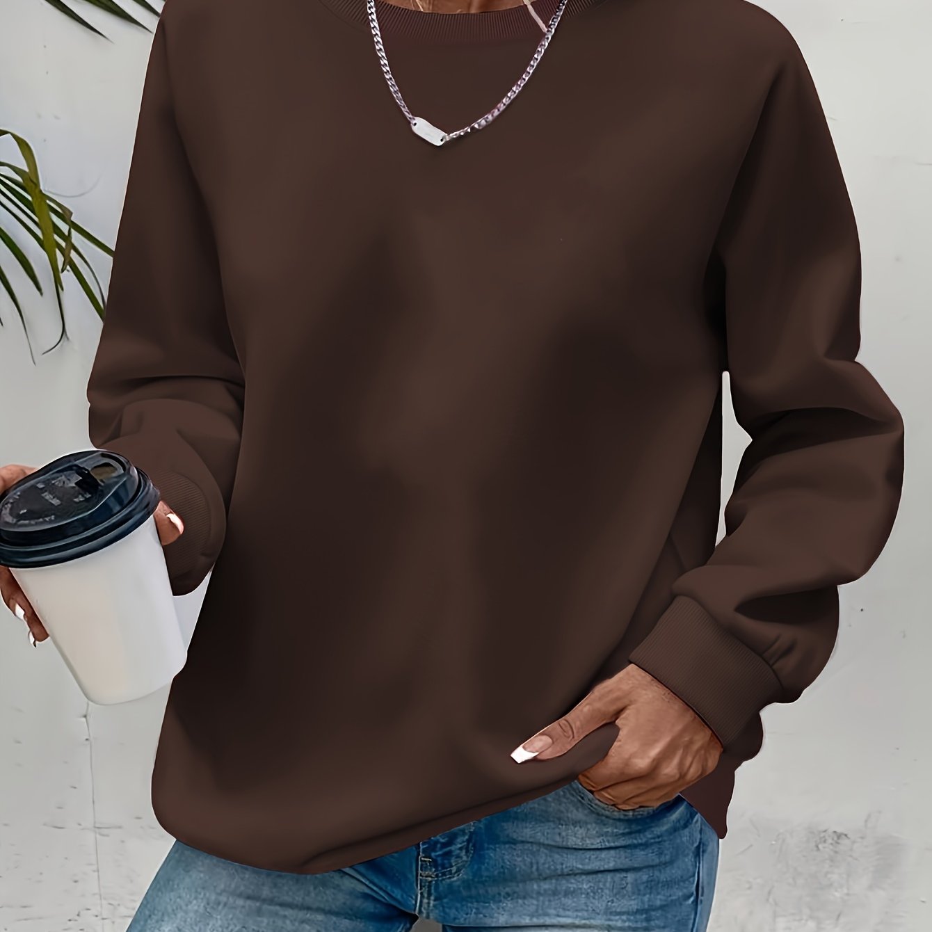 TEMU Women's Casual Round Neck Long Sleeve Sweatshirt - Coffee-colored Top, Regular Fit For Autumn/winter, Soft And Comfortable, Machine Washable,