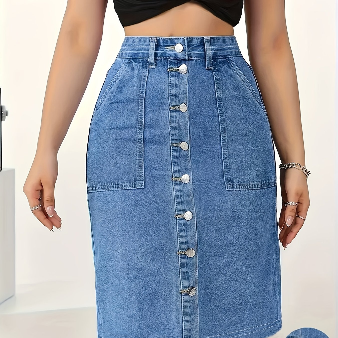 TEMU [Estampado de Denim/ de Denim] Falda de de Denim para Mujer, Casual, , Cómoda, No Denim