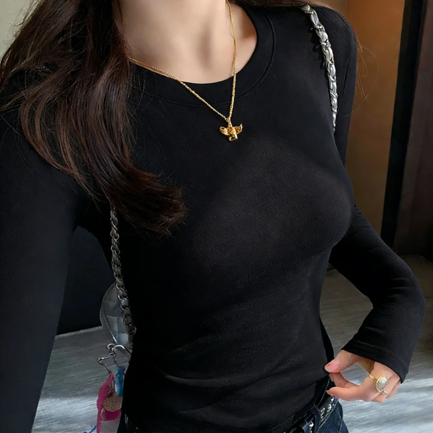 TEMU Solid Color Round Neck Base Layer Women's Inner Wear Autumn Winter New Long Sleeve T-shirt Slim