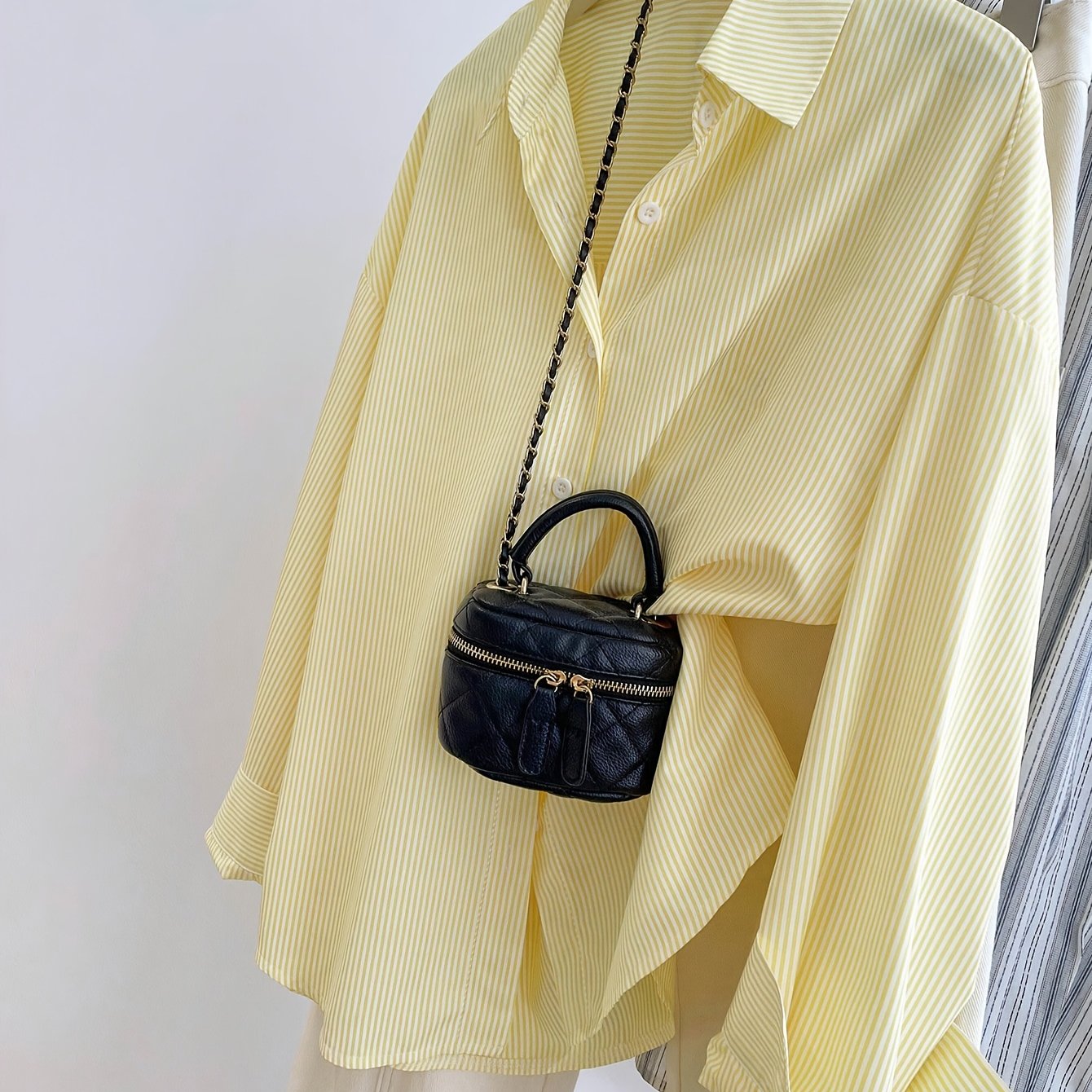 Image of Yellow Striped Stand Collar Casual Commuter Shirt Long Sleeve Top Women's