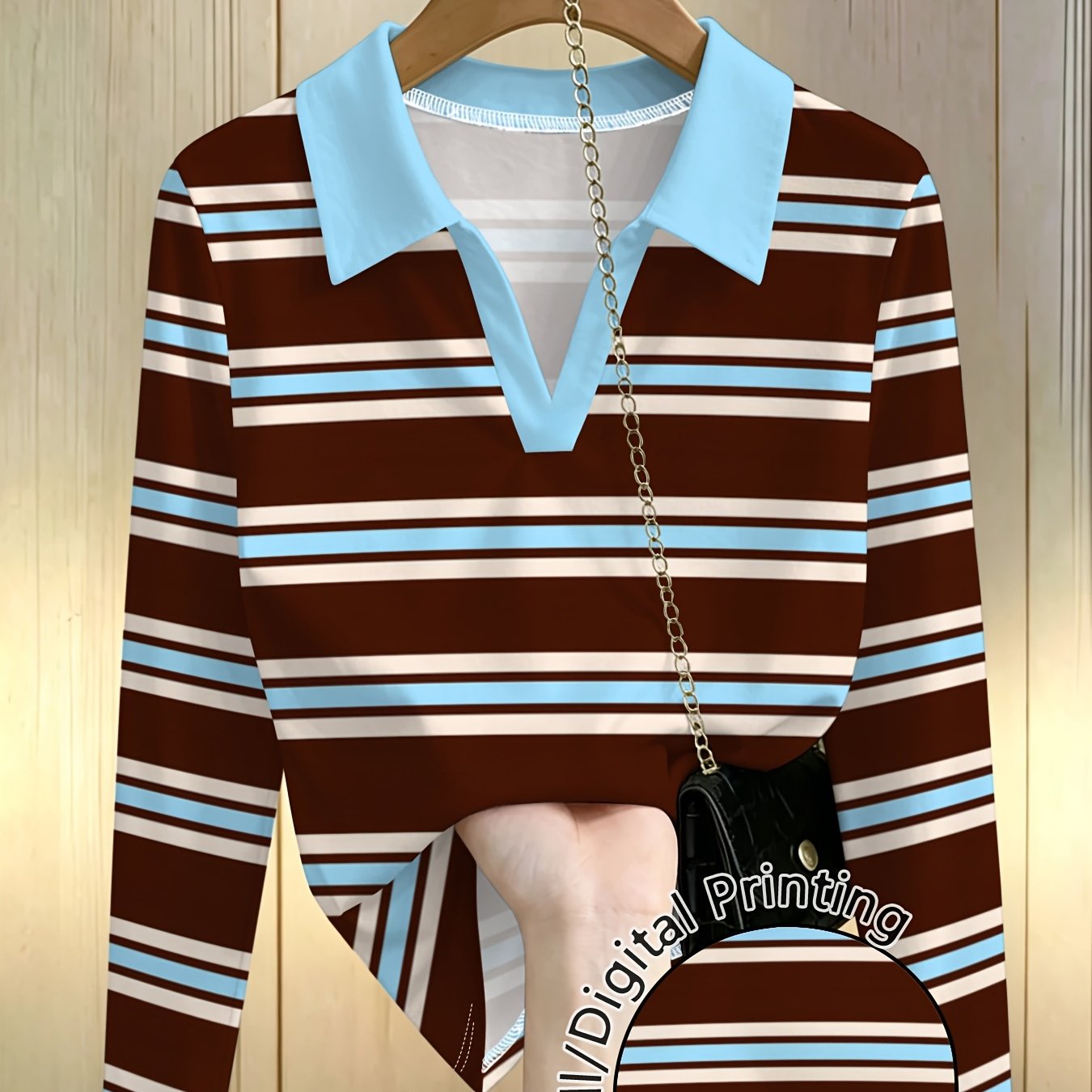 TEMU Plus Size, Women's Brown, Blue, And White Contrast Stripe Shirt, /autumn Slim Fit V-neck Base Layer Top