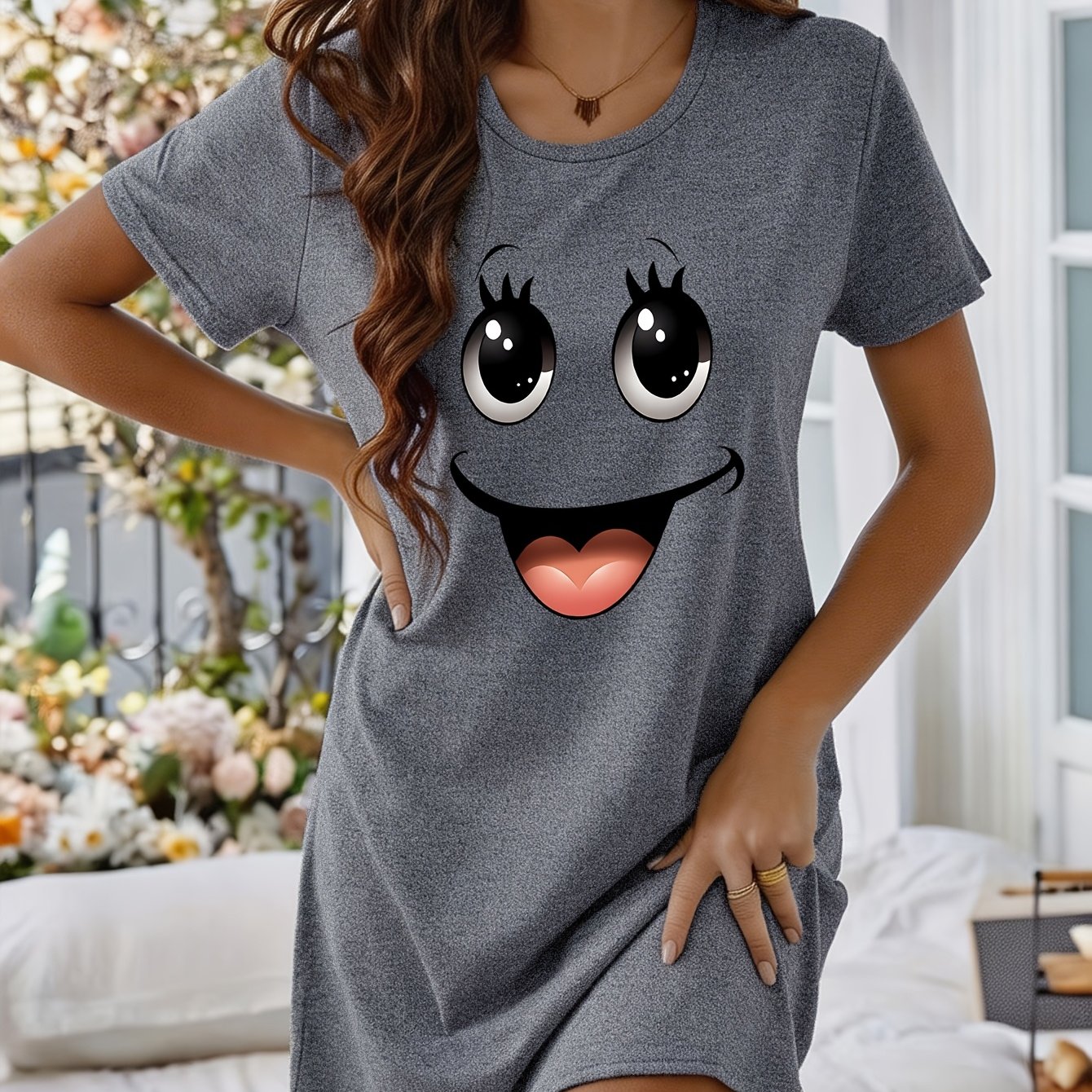 Image of Women's Fashionable Cartoon Cute Print Simple Casual Short-sleeve T-shirt Nightgown Loungewear Pajamas