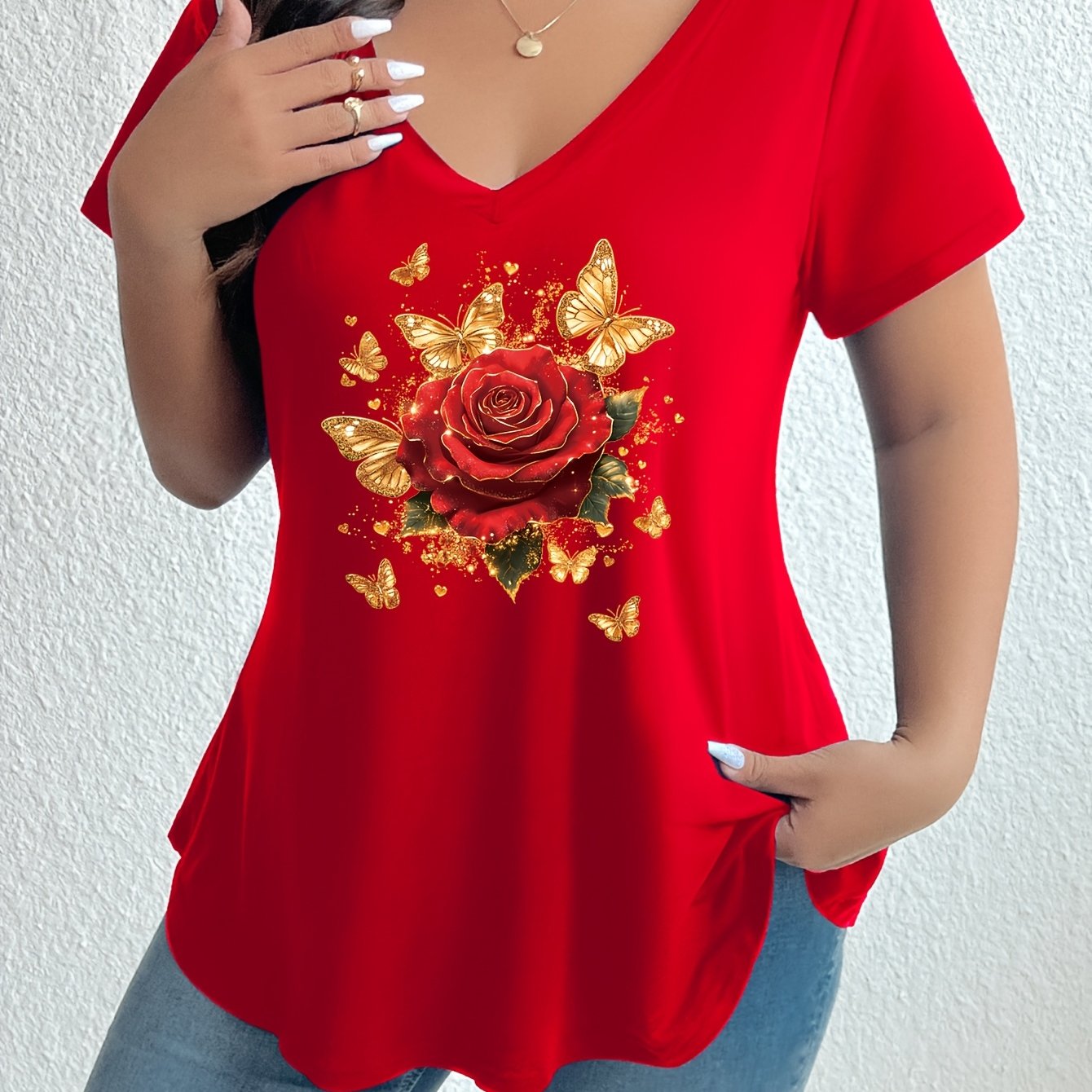 TEMU Plus Size - Plus Size - New Plus Size Printed Short Sleeve T-shirt Women's Casual V-neck Loose Comfortable Versatile Top