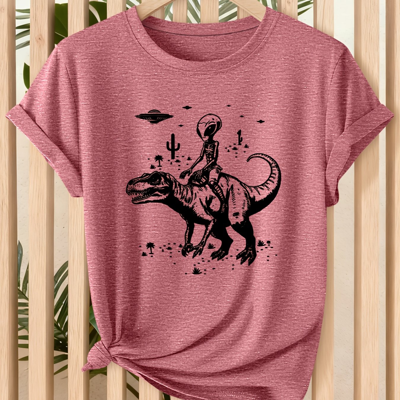 TEMU Riding Dinosaur Dark Print Women's T-shirt 2026 Spring And Summer Cool And Sassy Atmosphere Short-sleeved Daily Trendy And Cool Outfit Loose And