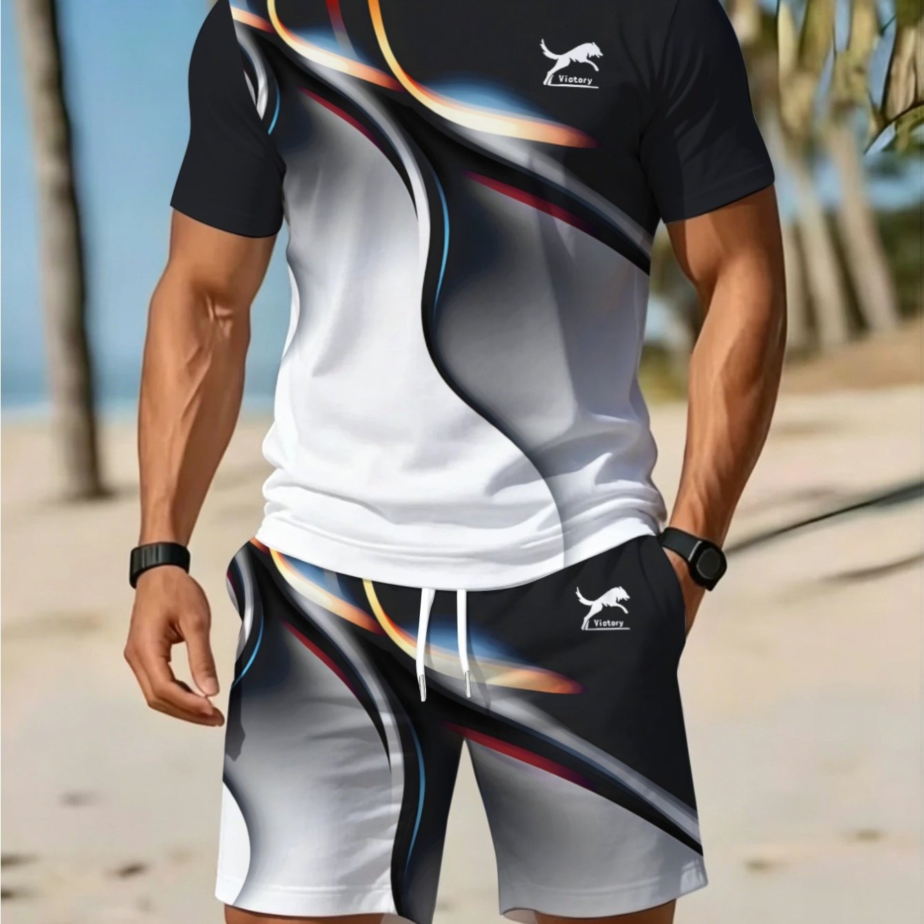 TEMU Men's -block Short Sleeve And Shorts 2pcs Set, Round Neck T-shirt And Shorts, Beach Vacation Casual Sportswear