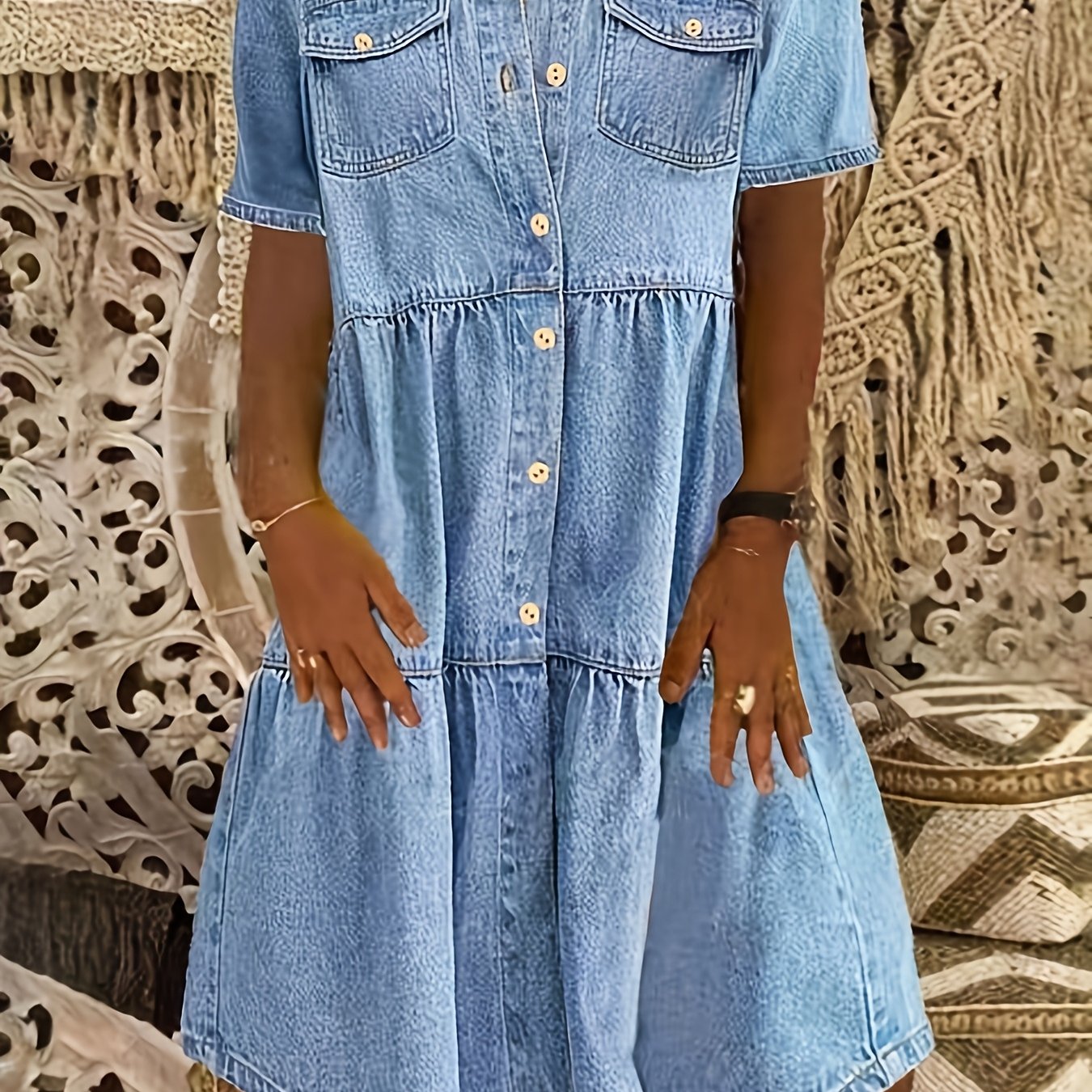 Image of Size Denim Dress Short Sleeve Midi Skirt Comfortable Versatile Denim Women's Collared Dress Button Retro