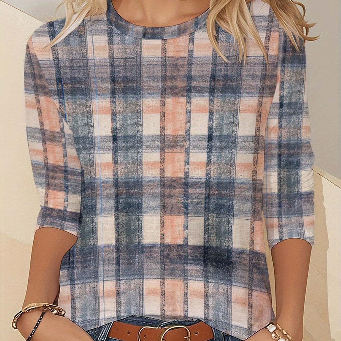 TEMU Print T-shirt, Long Sleeve Round Neck Casual Top, Suitable For Spring And Autumn Season, Women's Clothing