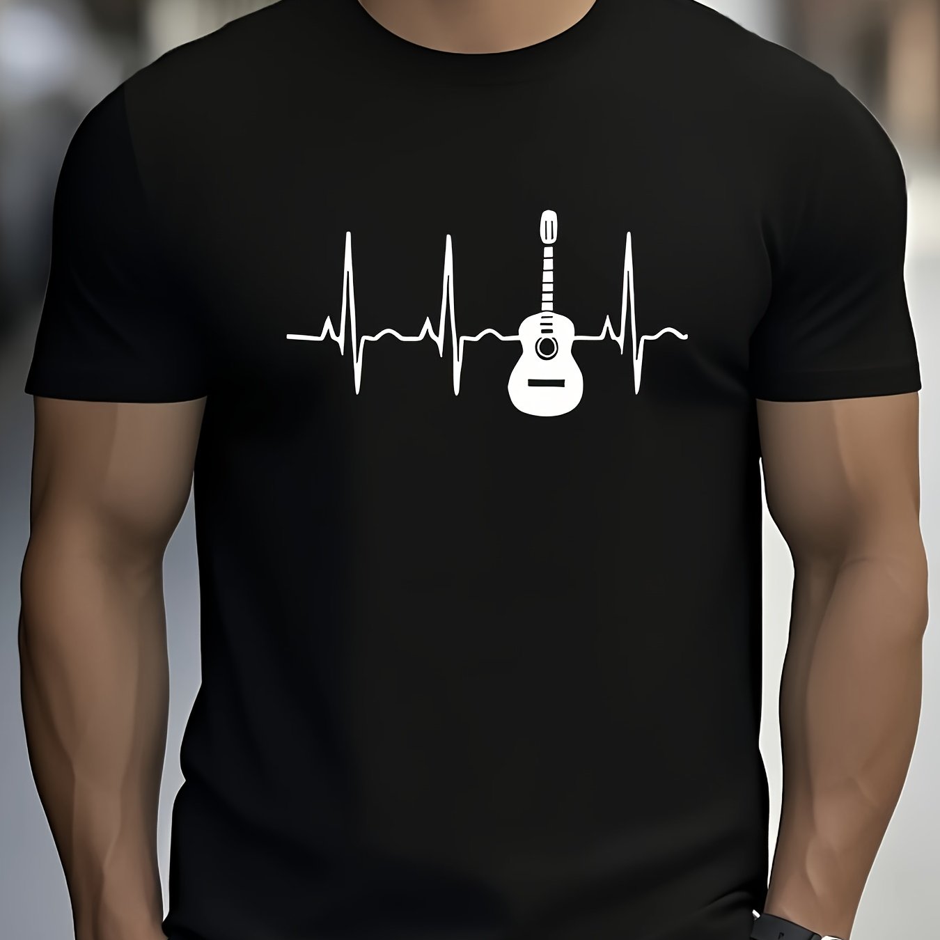 TEMU Rock Style, Men's Guitar Pattern T-shirt - Casual And Comfortable Short Sleeved Summer Top, Breathable Polyester Fiber, Machine Washable, ,