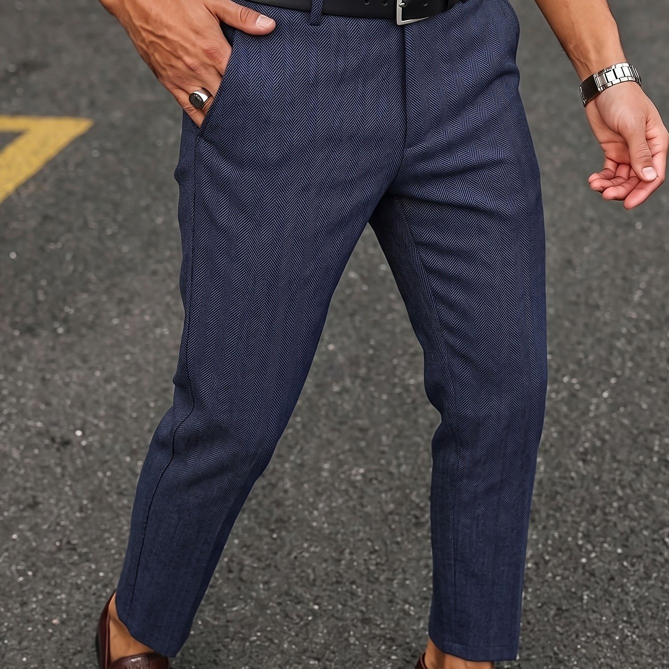 TEMU Men's Summer Lightweight Herringbone Check Dress Pants, Light Business Casual Loose Straight-leg , Versatile Suit Trousers For Daily Commuting