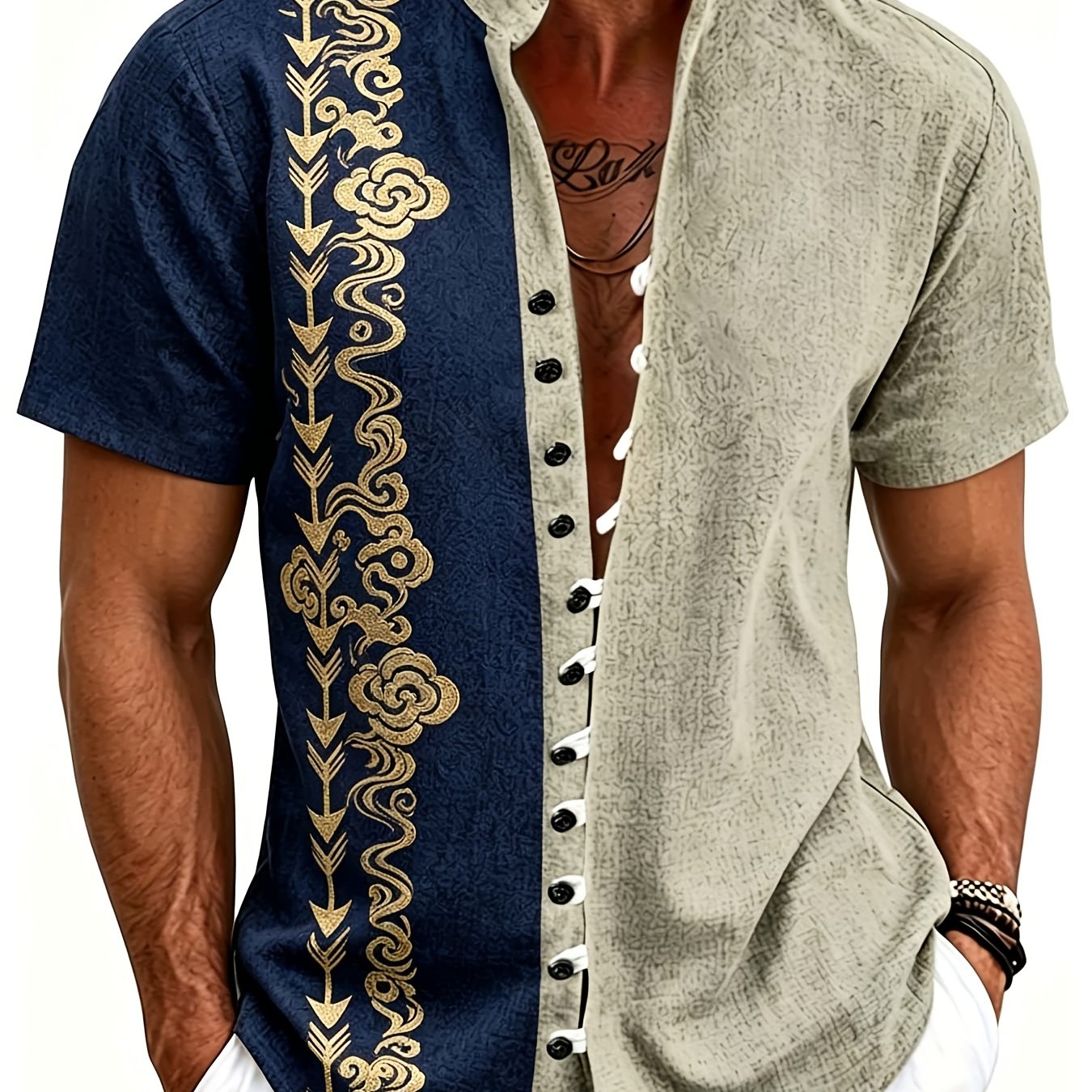 Image of Plus Size Men's Casual Shirt Faux Linen Art Printed Stand Collar Short Sleeve Button Shirt Bohemian Ethnic Tribal Street Style Tops For Beach Vacation Summer And Wear
