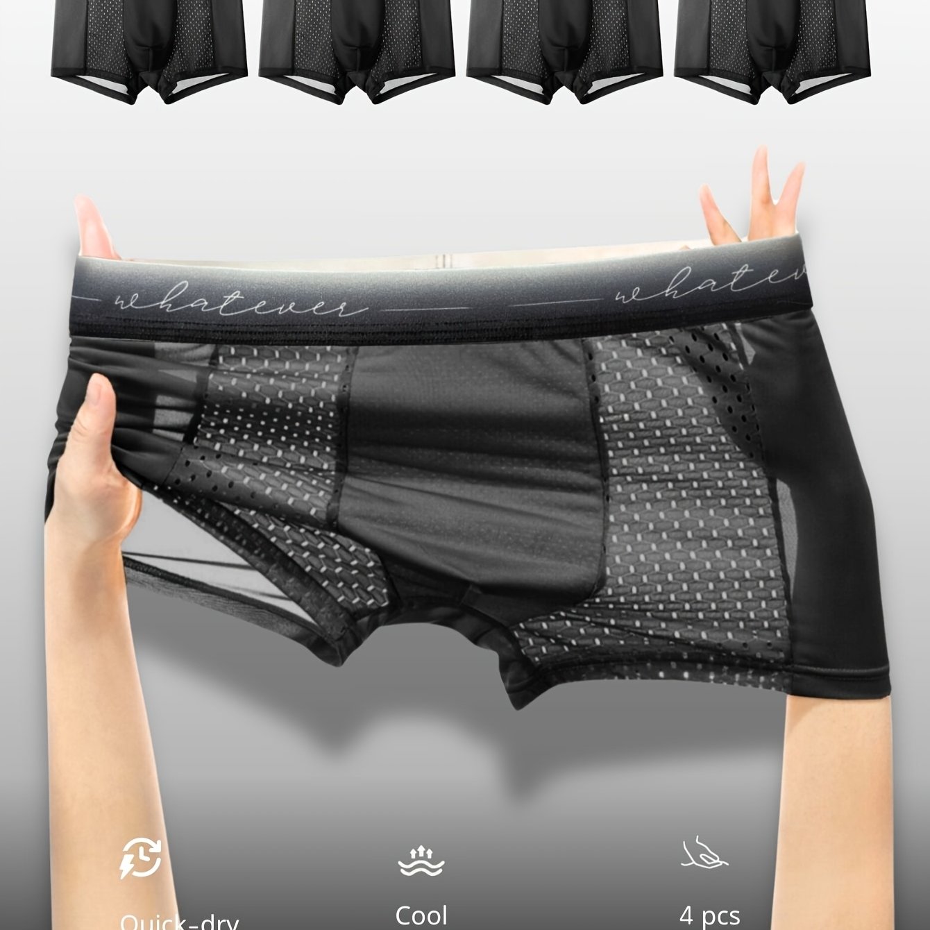 Four-pc Men's Printed Letter Waistband Fabric Comfortable Trendy Mesh Breathable Men's Boxer Briefs, Black