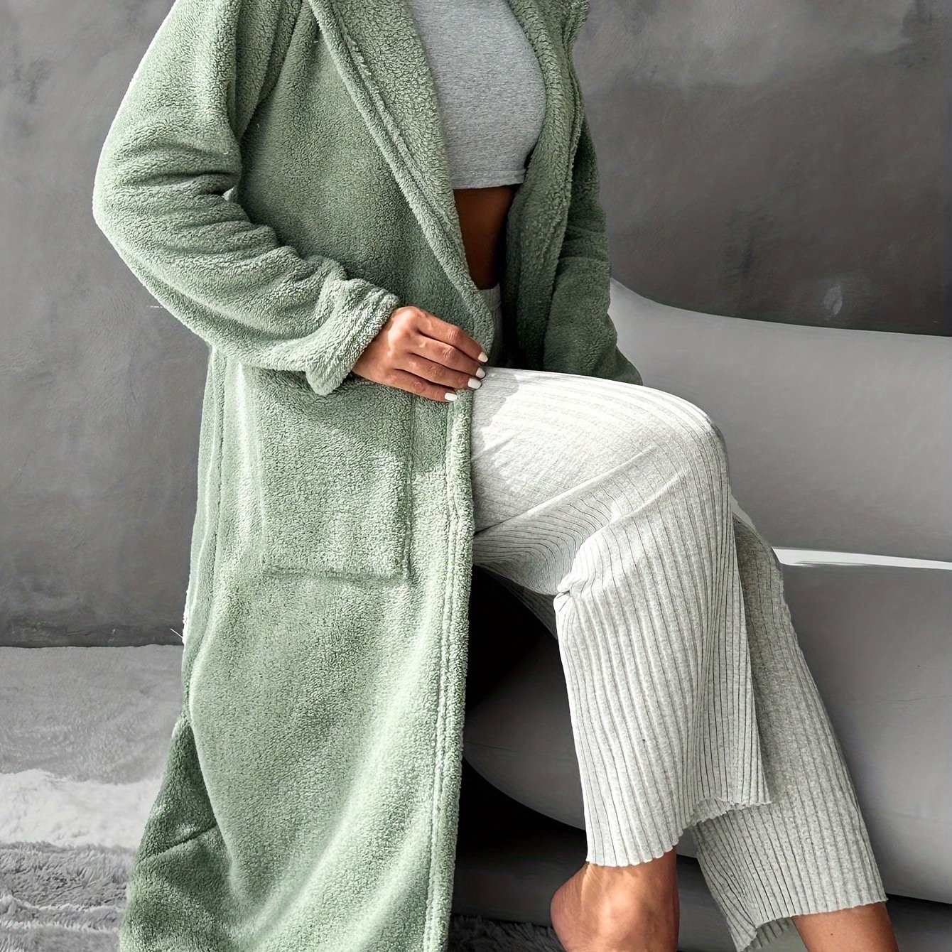 Autumn Winter Double Pocket Hooded Drawstring Casual Robe Nightgown