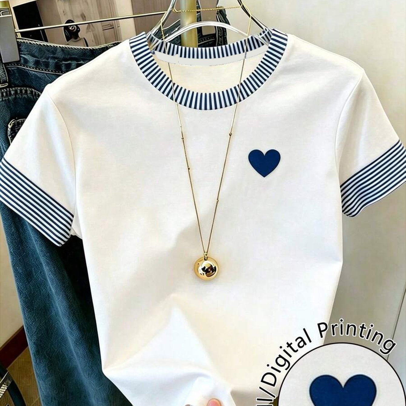 TEMU Women's Striped Printed Casual Round Neck Short Sleeve T-shirt, - No Texture