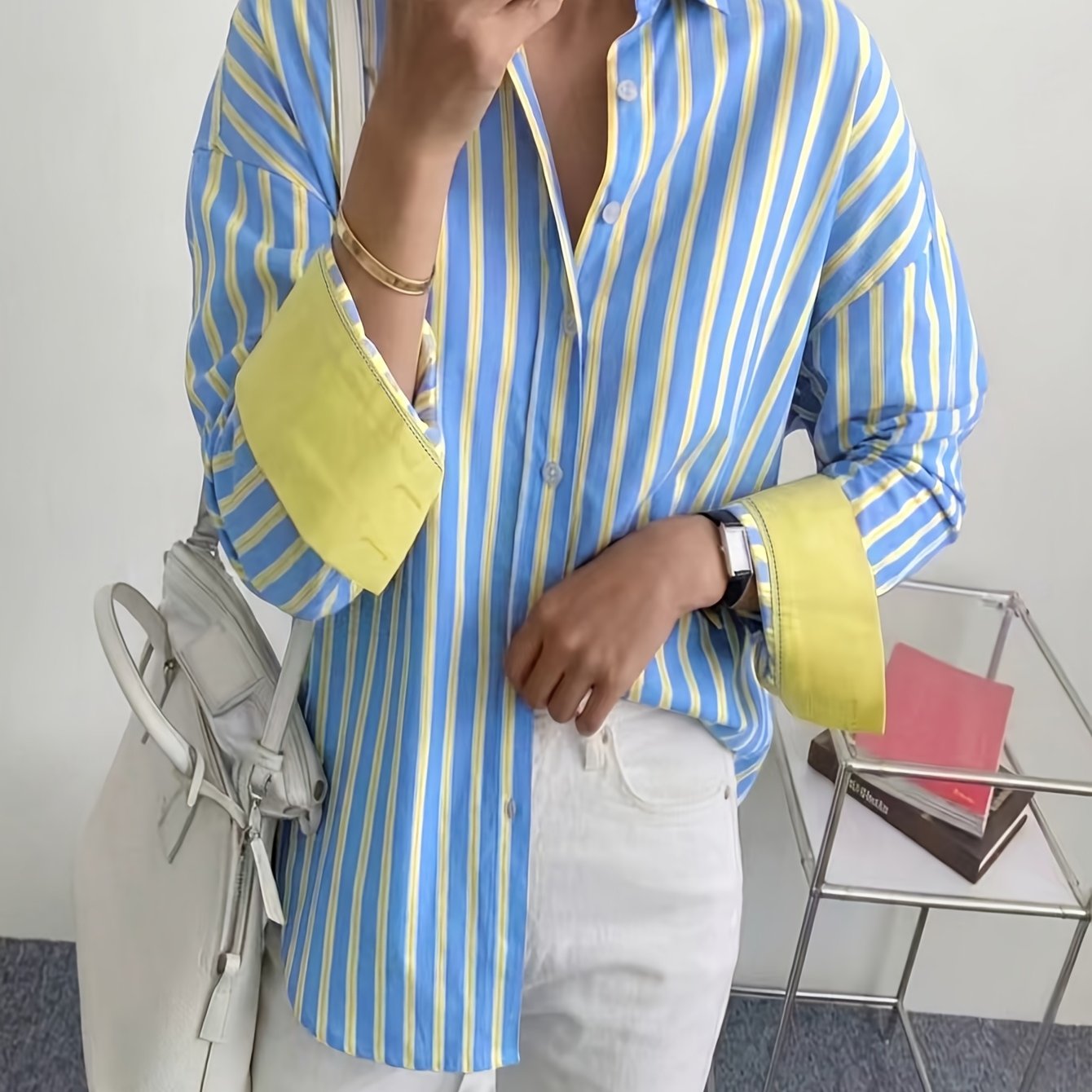 TEMU Women's Oversized Striped Print Button Shirt With Contrast Cuffs, Lazy Casual Long Sleeve Blouse, Commute Top