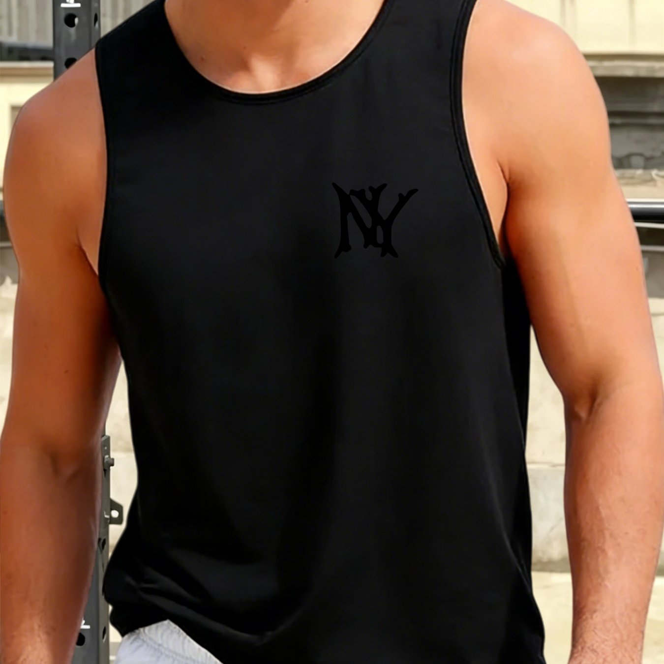 TEMU Men's Gym Casual Ny Print Tank Top - Breathable Sleeveless Athletic Shirt, Round Neck Design, Suitable For Fitness And Casual Wear, Summer