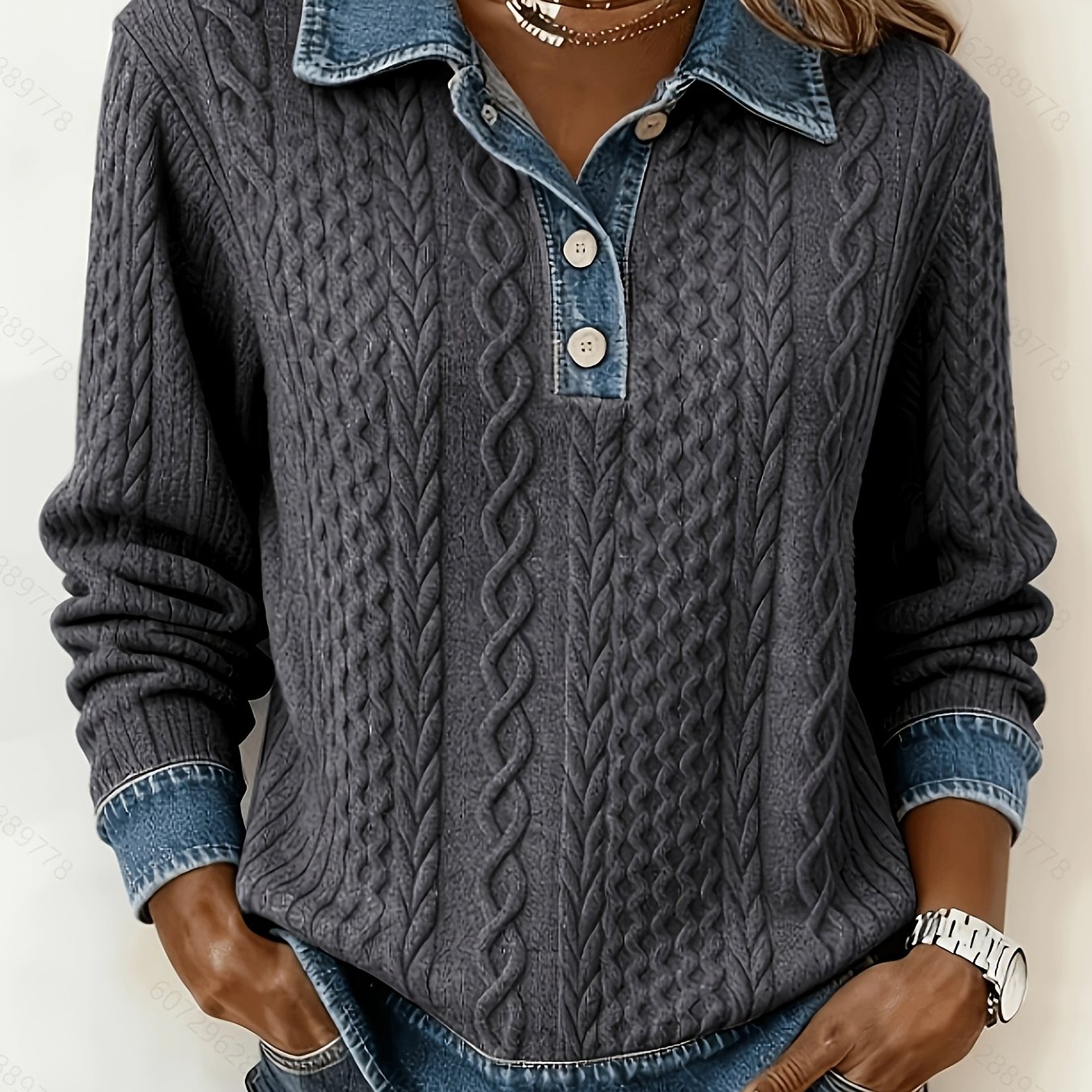 TEMU [Pantaloni Stampati - Tessuto Non Denim Sintetico] Capispalla Casual da Donna Inverno (Denim Sintetico) (Non ) Felpa Jacquard a
