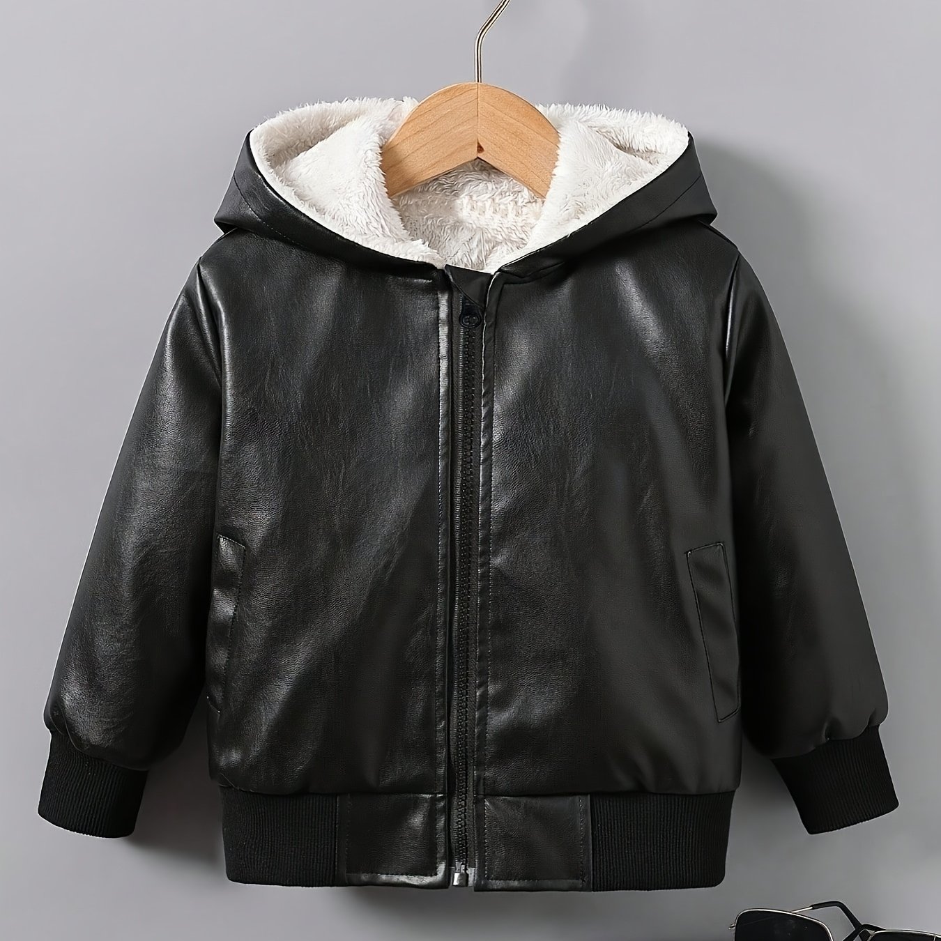 Boys' Faux Leather Comfy Fleece Lining Zipper Jacket Autumn Winter Outerwear Fleece-lined Thickened Autumn Winter 2024 New Korean Style Biker Jacket Pu Coat