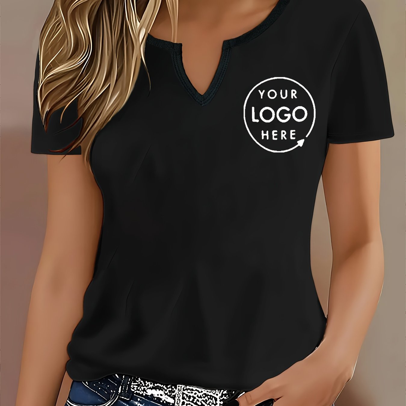 TEMU Custom V-neck T-shirt With Custom Image, Women's Printed Top, Fashionable Casual Custom Printed Top