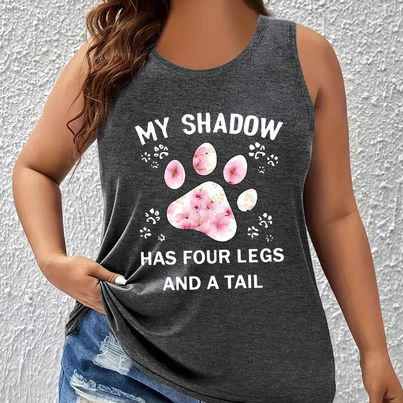TEMU Plus Size, Footprint Print European And Size Fashion Round Neck Tank Top Women's S Sleeveless Vest