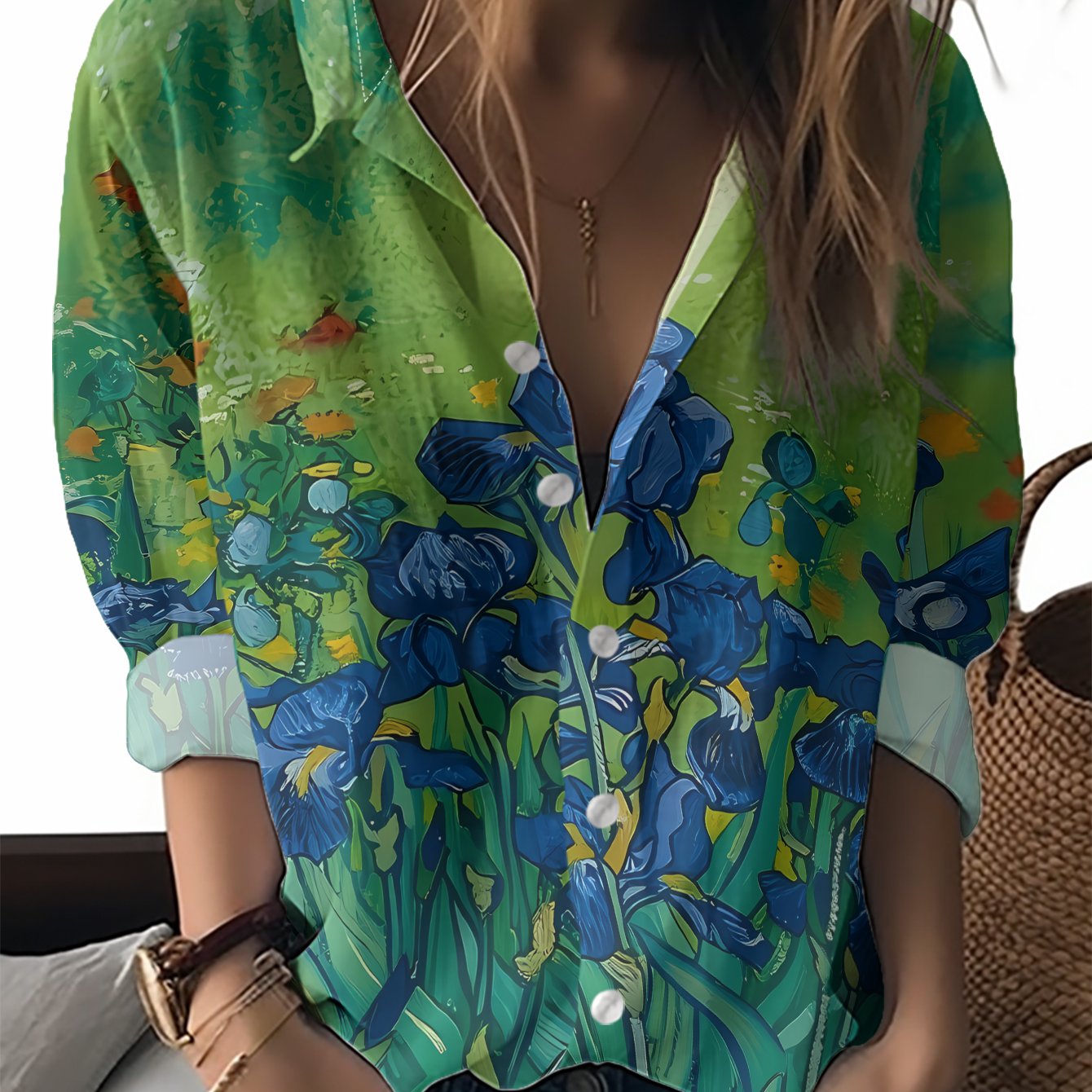 TEMU This New Women's Long-sleeve Shirt Features A Design Of A Field Of Blue Irises, With A Green Background Accented By Orange Flowers. A Versatile