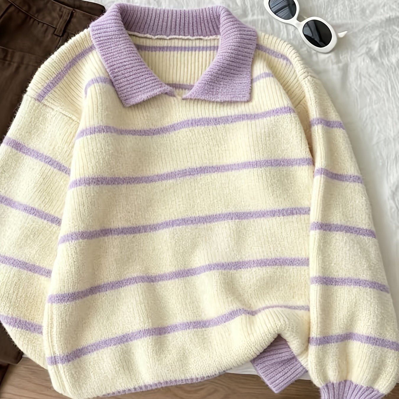 TEMU New Autumn/winter Fashionable Casual Striped Lapel Pullover