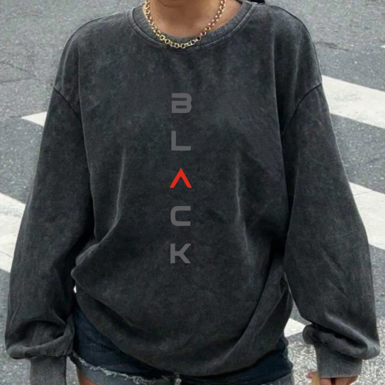 Image of Women's Casual Retro Letter Print Pullover Sweatshirt - Oversized Washed Round Neck Long Sleeve Top, Machine Washable Cozy Fall Winter Clothing, Cute Sweatshirts, Autumn Apparel, Relaxed