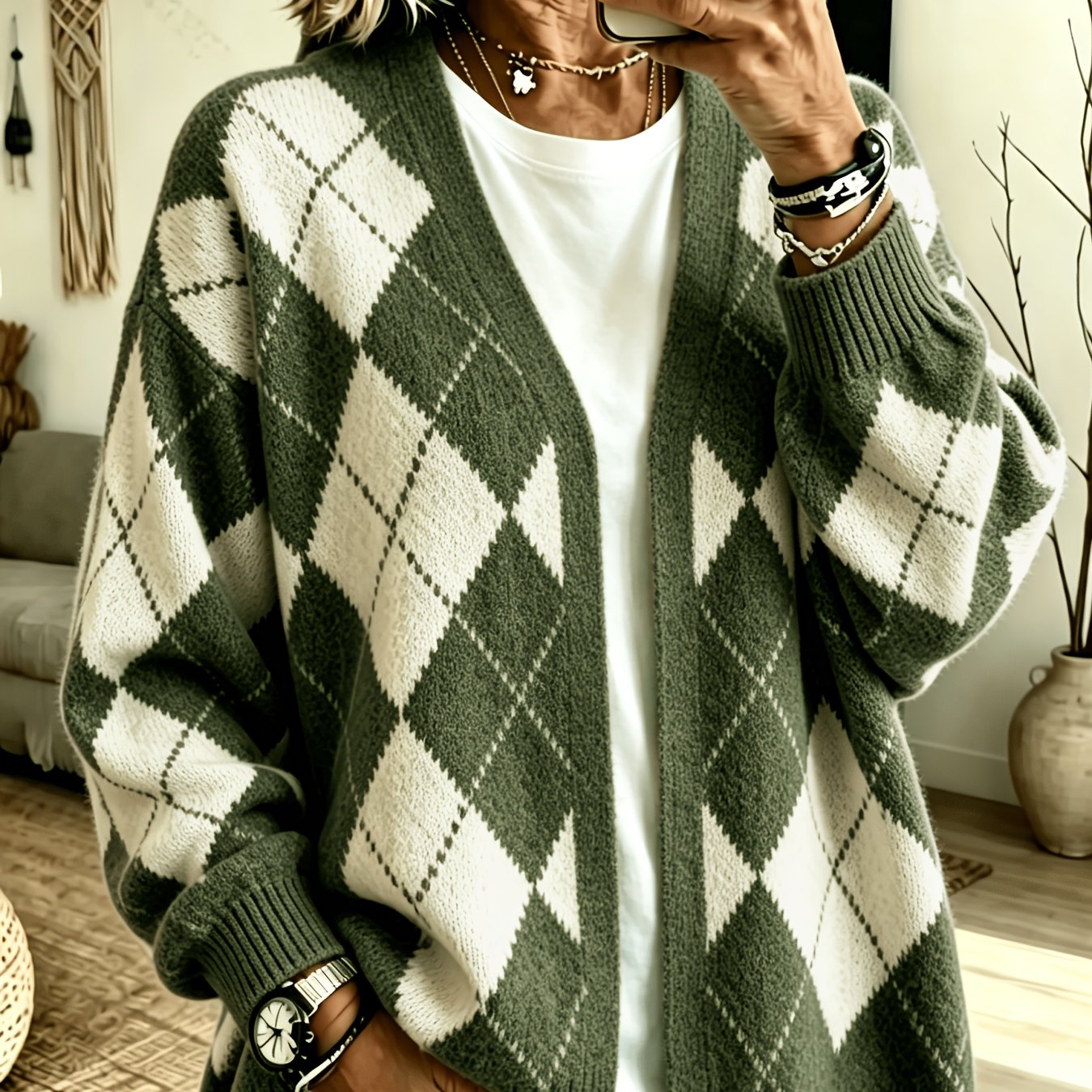 TEMU Plus Size - Xiaotang Directional Western Plus Size Women's Clothing Autumn Winter Retro Diamond Loose Elegant Casual Cardigan Sweater Women