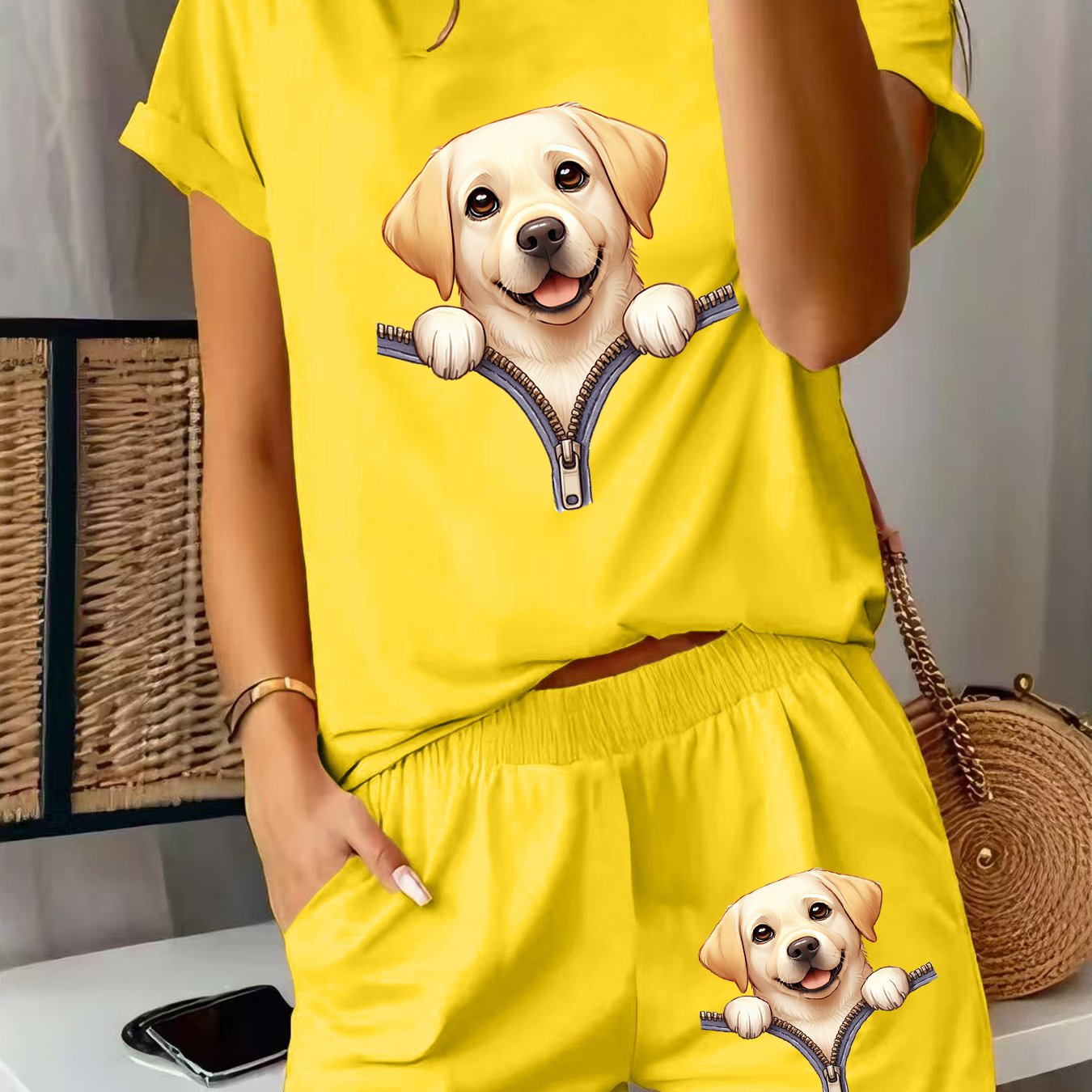TEMU 2pcs Women's Spring Summer Short Sleeve Pajamas & Daywear Matching Shorts - Cute Labrador Dog Print Shorts With Zipper Pocket, Soft Breathable