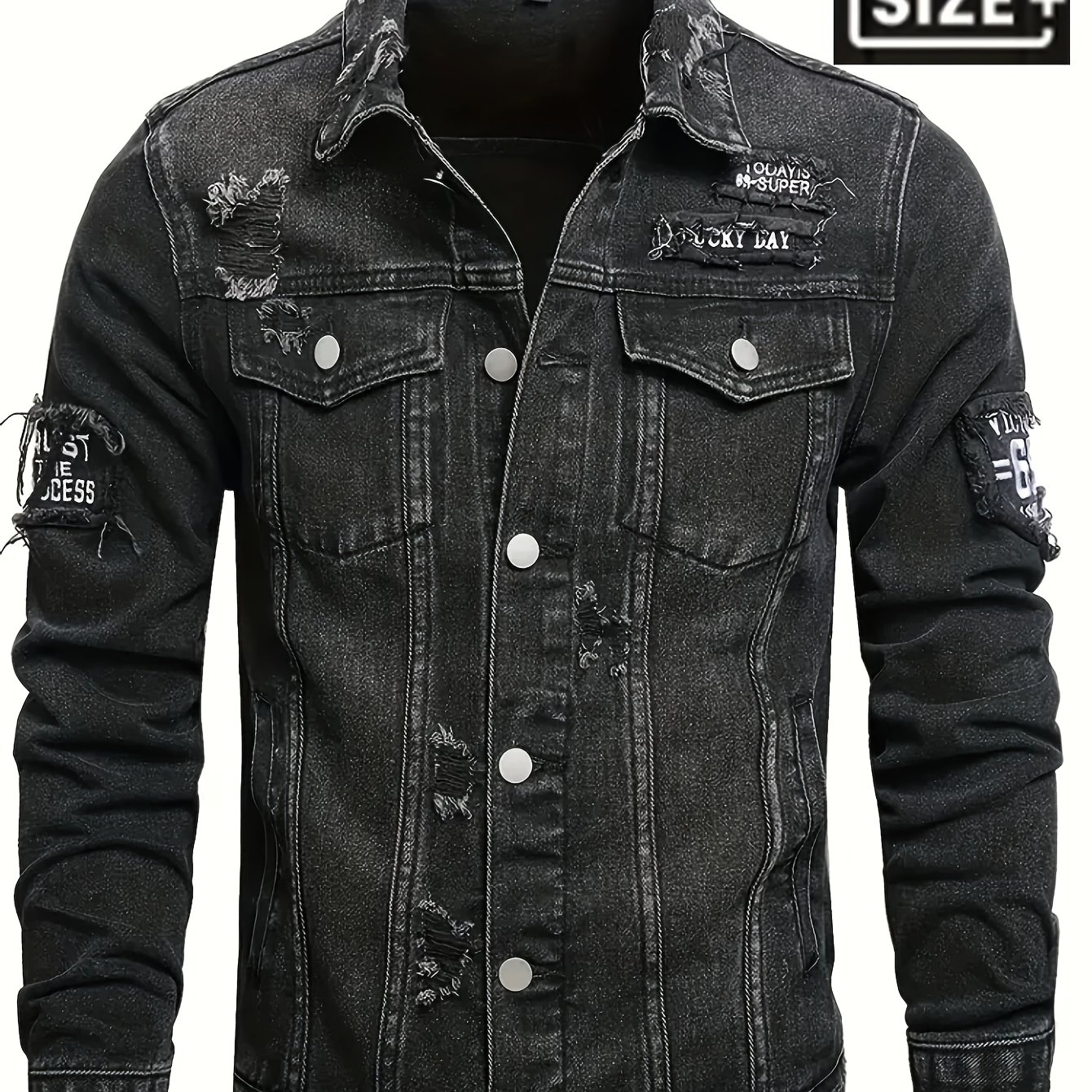 TEMU [hme] New Plus-size Men's Denim Jacket For Autumn And Winter, Featuring The Retro Street Style Of , With Washable Perforated Details And Aged