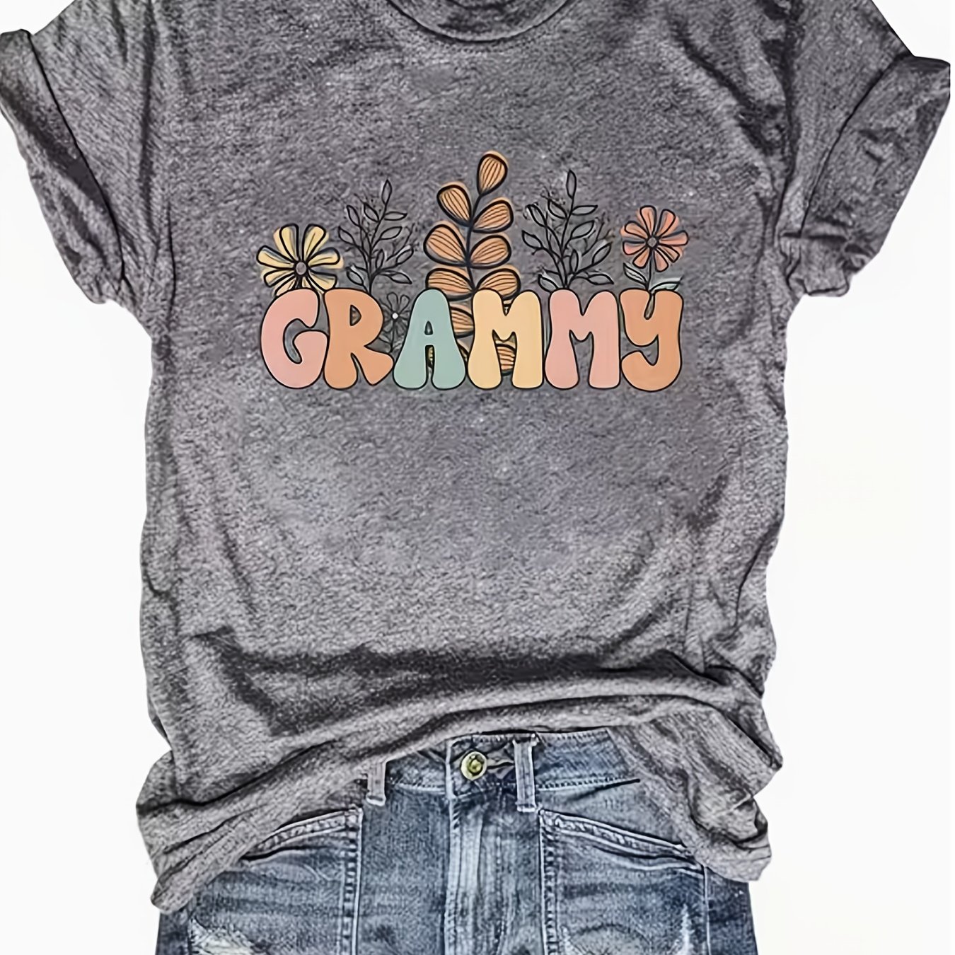 TEMU Grammy Pattern Women's Casual T-shirt, Round Neck Short Sleeve T-shirt, Machine Washable, Simple And Versatile Breathable Spring And Summer