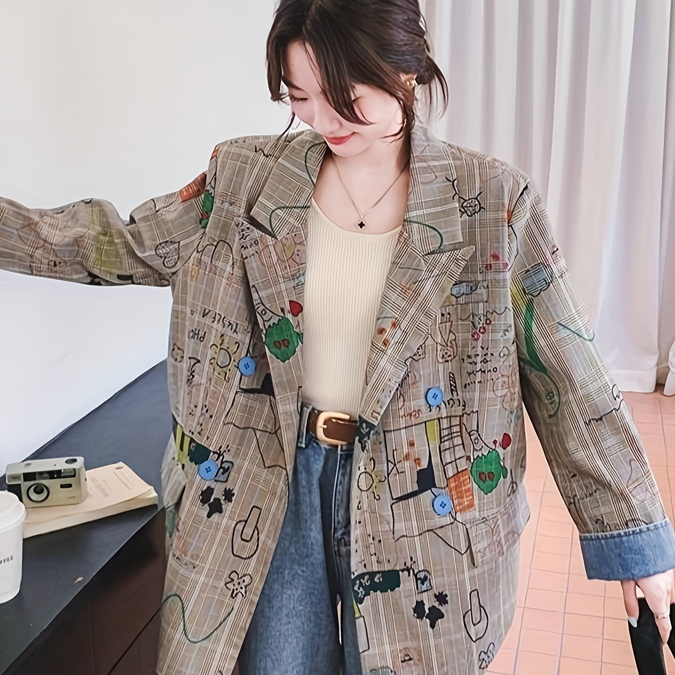 TEMU Blazer da donna a quadri , nuovo stile 2025, streetwear di ispirazione , vestibilit� , giacca abito casual con stampa graffiti