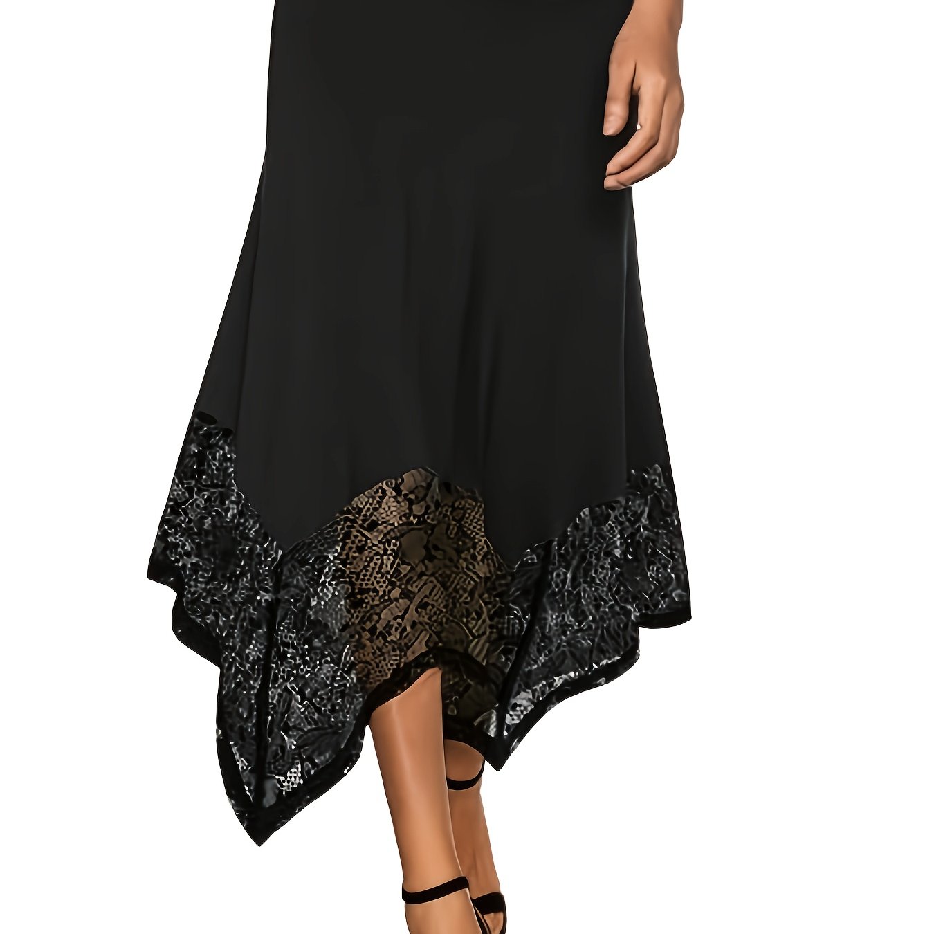 Women's High-waist Flat Skirt With Stretch, Flowy Handkerchief Lace Patch Hem, And Midi Underskirt