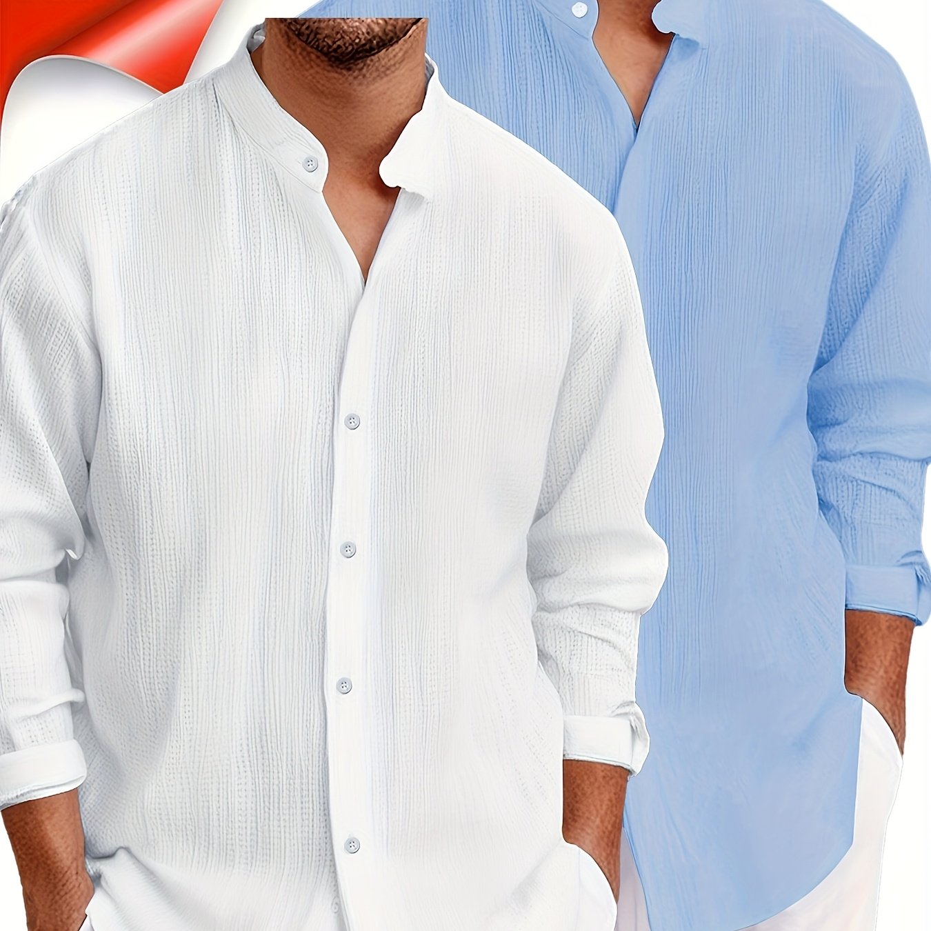 TEMU Obm 2pcs Men's Casual Fashion Simple Solid Color Textured Fabric Long-sleeve Button-up Shirt, Cool And Comfortable, Suitable For Daily Leisure