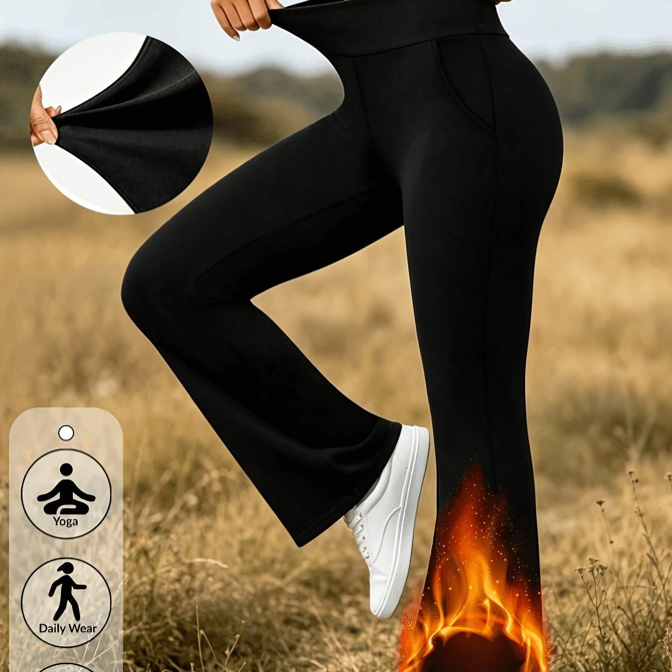 TEMU Pantalon évasé taille haute pour femme, à haute élasticité, respirant et avec poches. Effet gainant, liftant et . extensible non contraignant